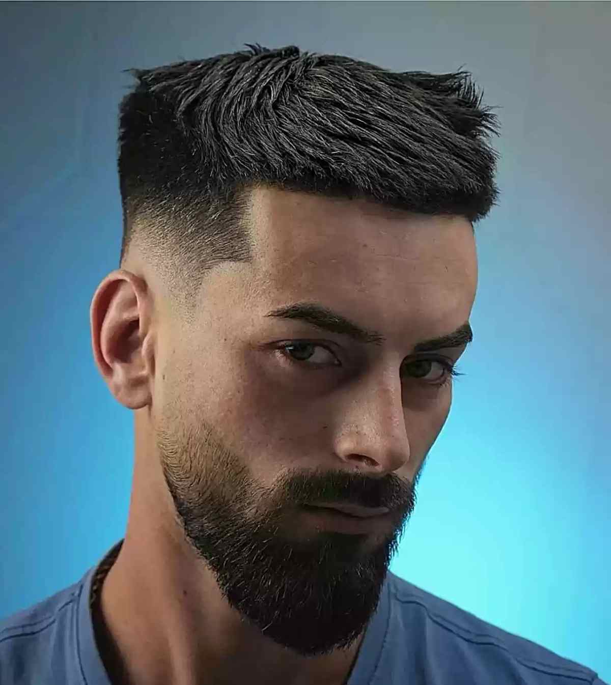Thick Crew Cut with Tapered and Tousled Sides Paired with a Beard Fade