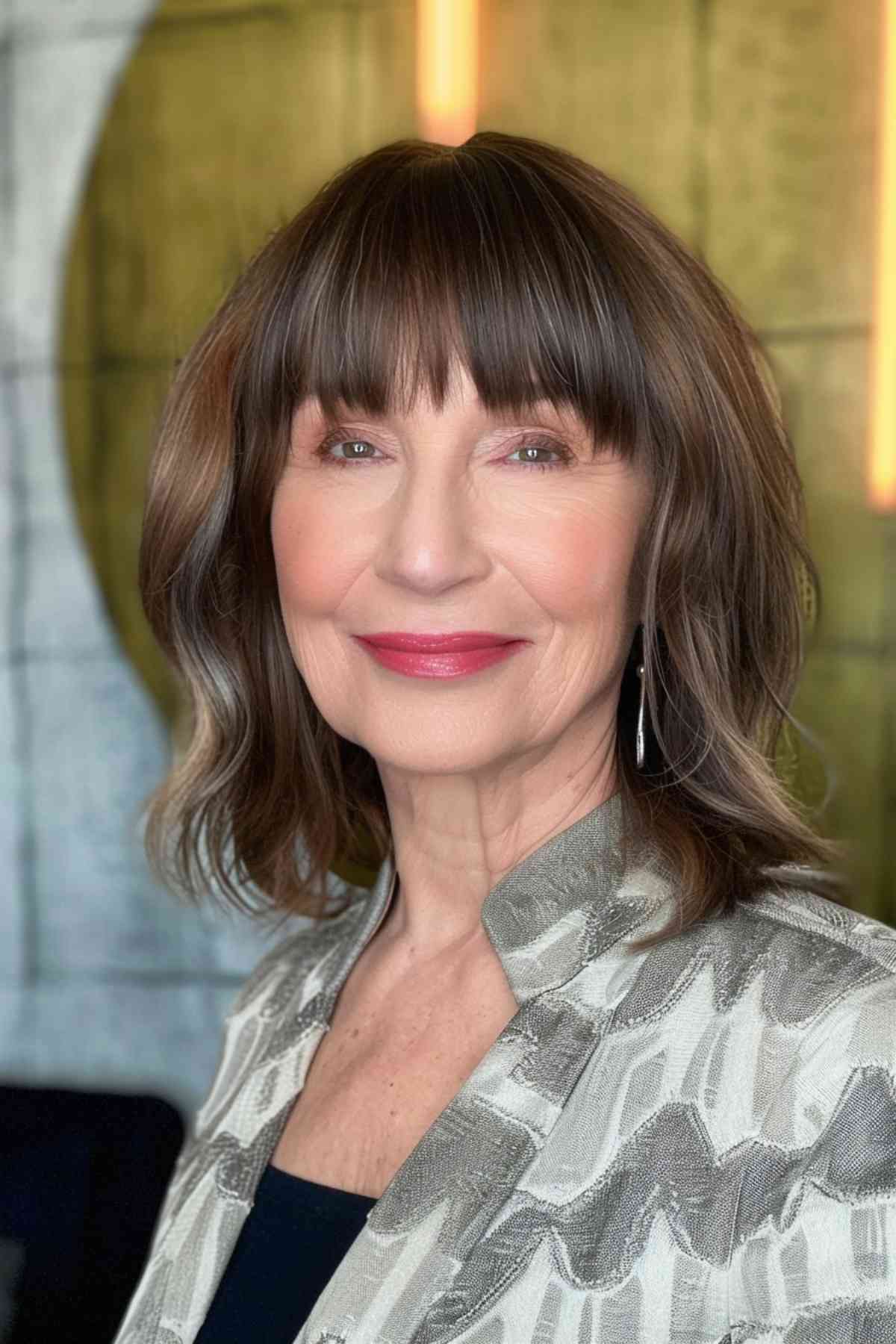 Mature woman with thick, straight bangs and a shoulder-length bob, smiling in a patterned blouse.