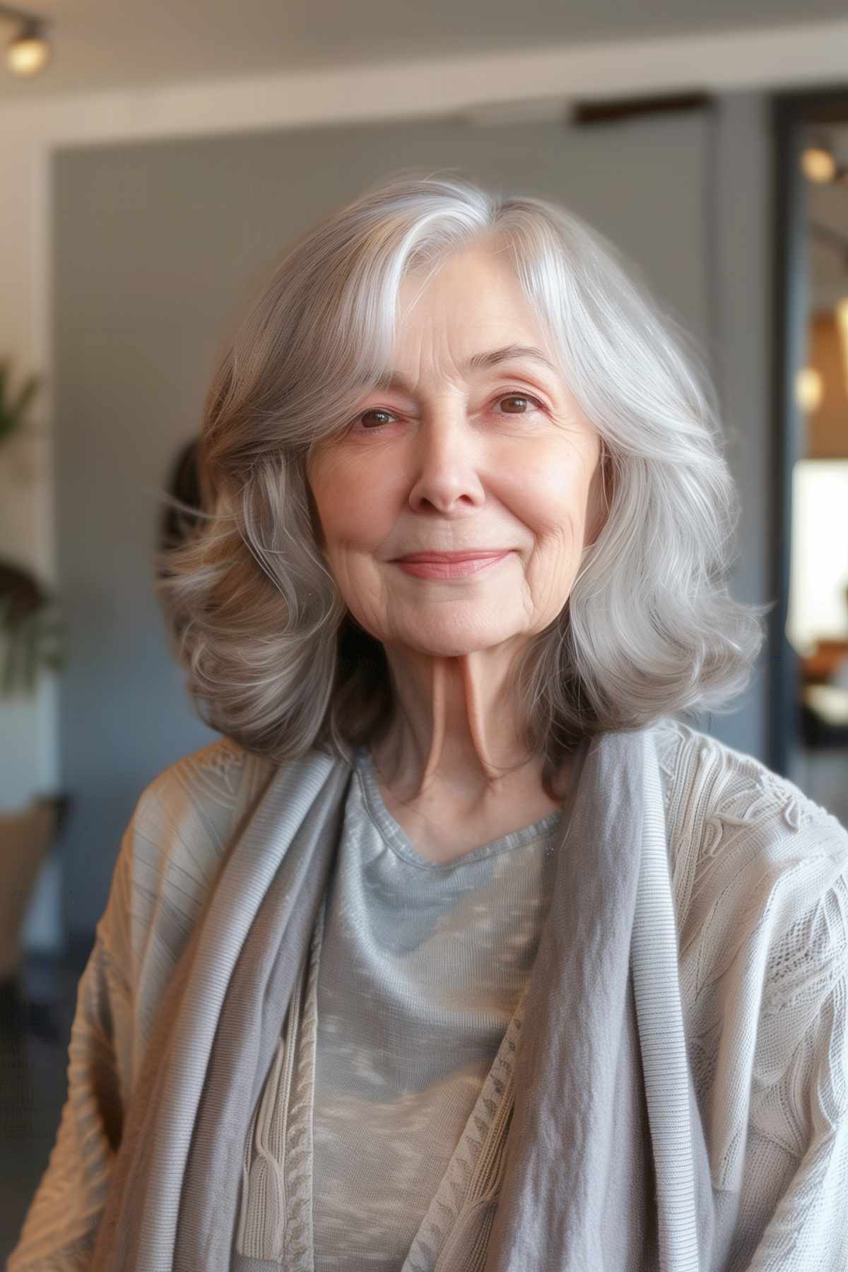 Older woman with a bob haircut and voluminous bangs