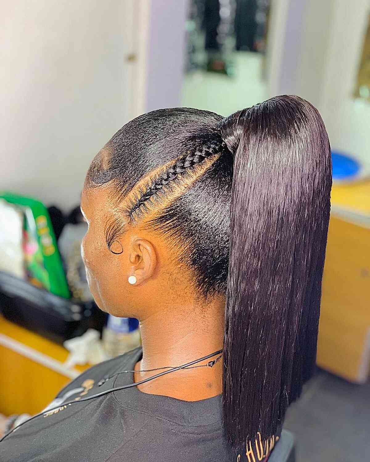 Sleek Long Thick Hair Ponytail Updo with Side Braids for Black Ladies