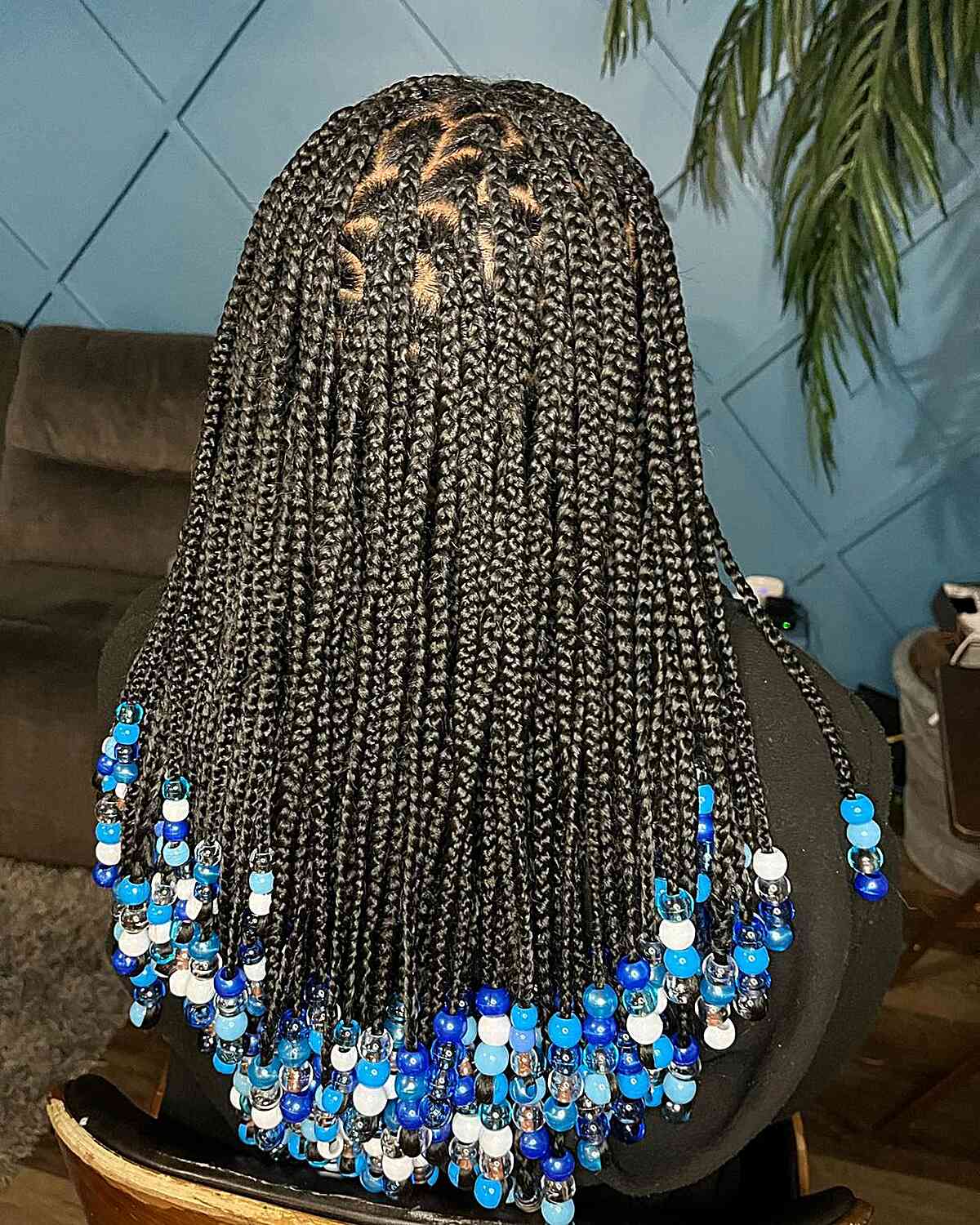 Thick Knotless Braids with Blue Beads for Medium to Long Black Hair