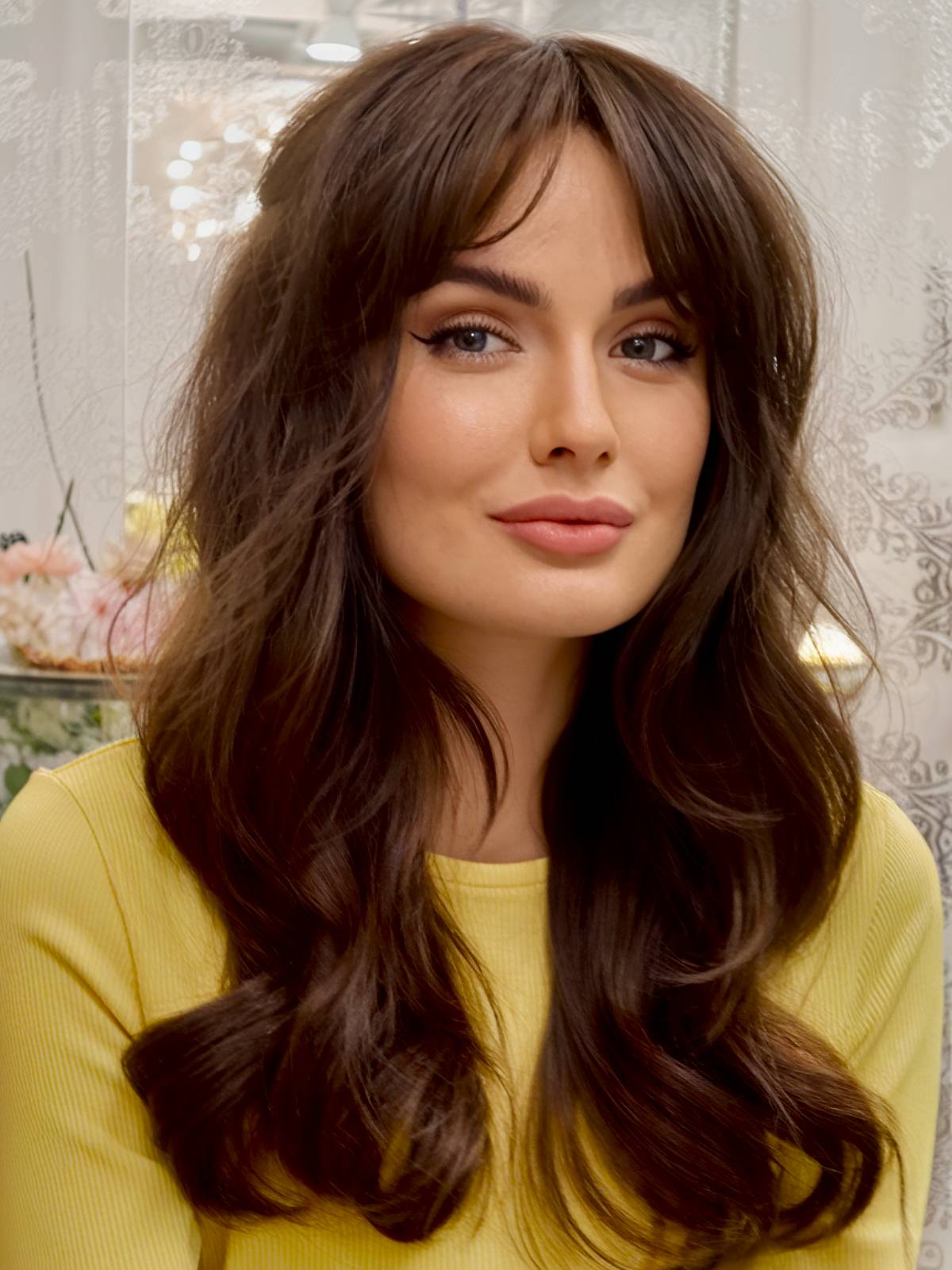 Thick long layered hair with curtain bangs