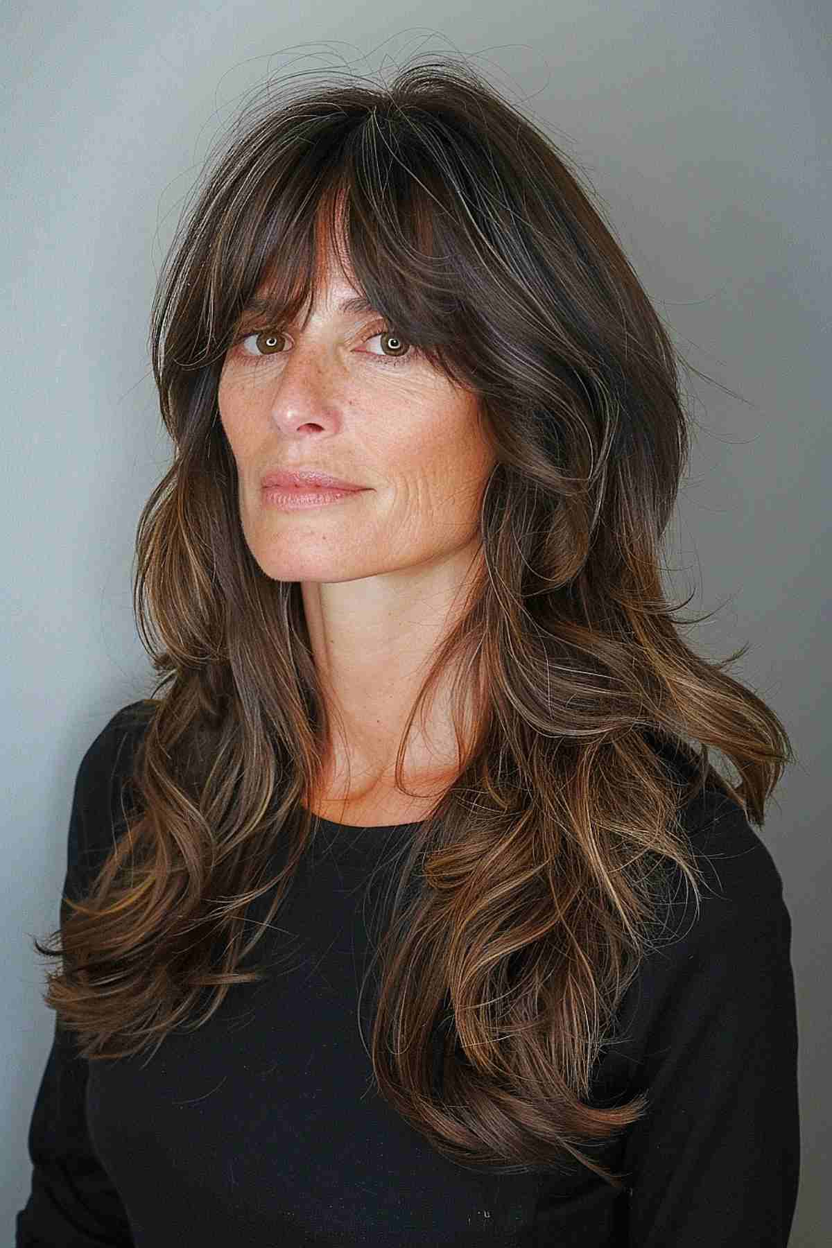 Woman with thick, long layered hair and heavy curtain bangs.