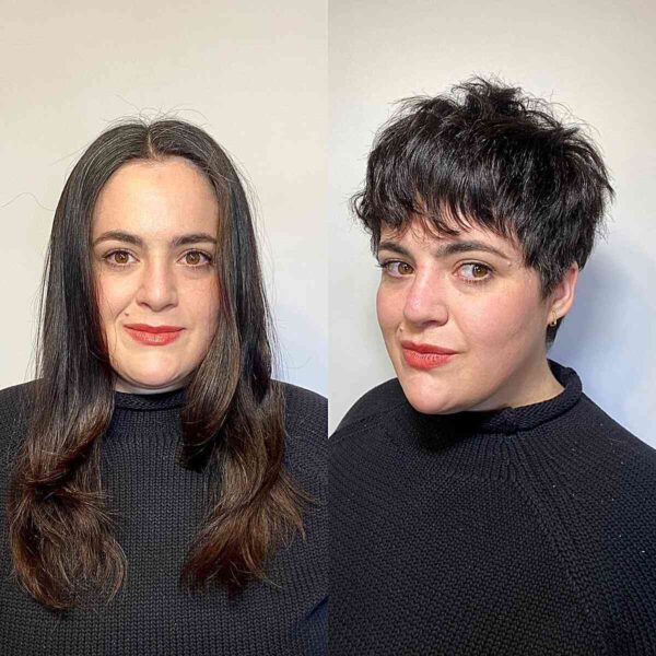 A Thick Textured Pixie with Crown Layers and Bangs