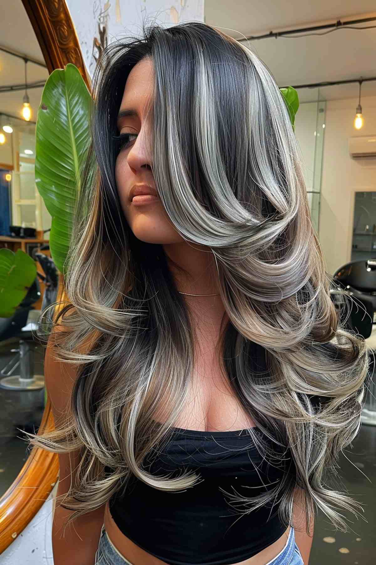 Long thick hair with ash blonde highlights and large curls