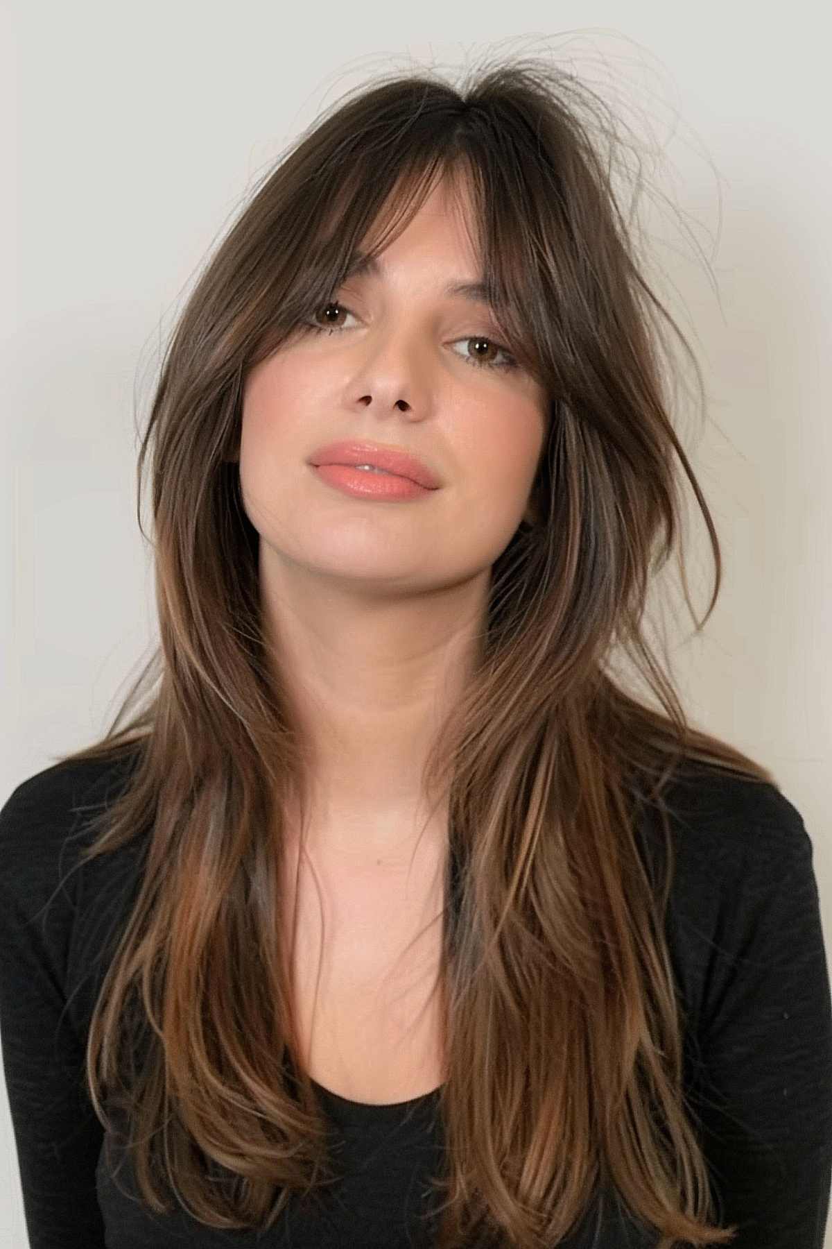 Woman with thin, long layered hair and curtain bangs, styled in soft waves.