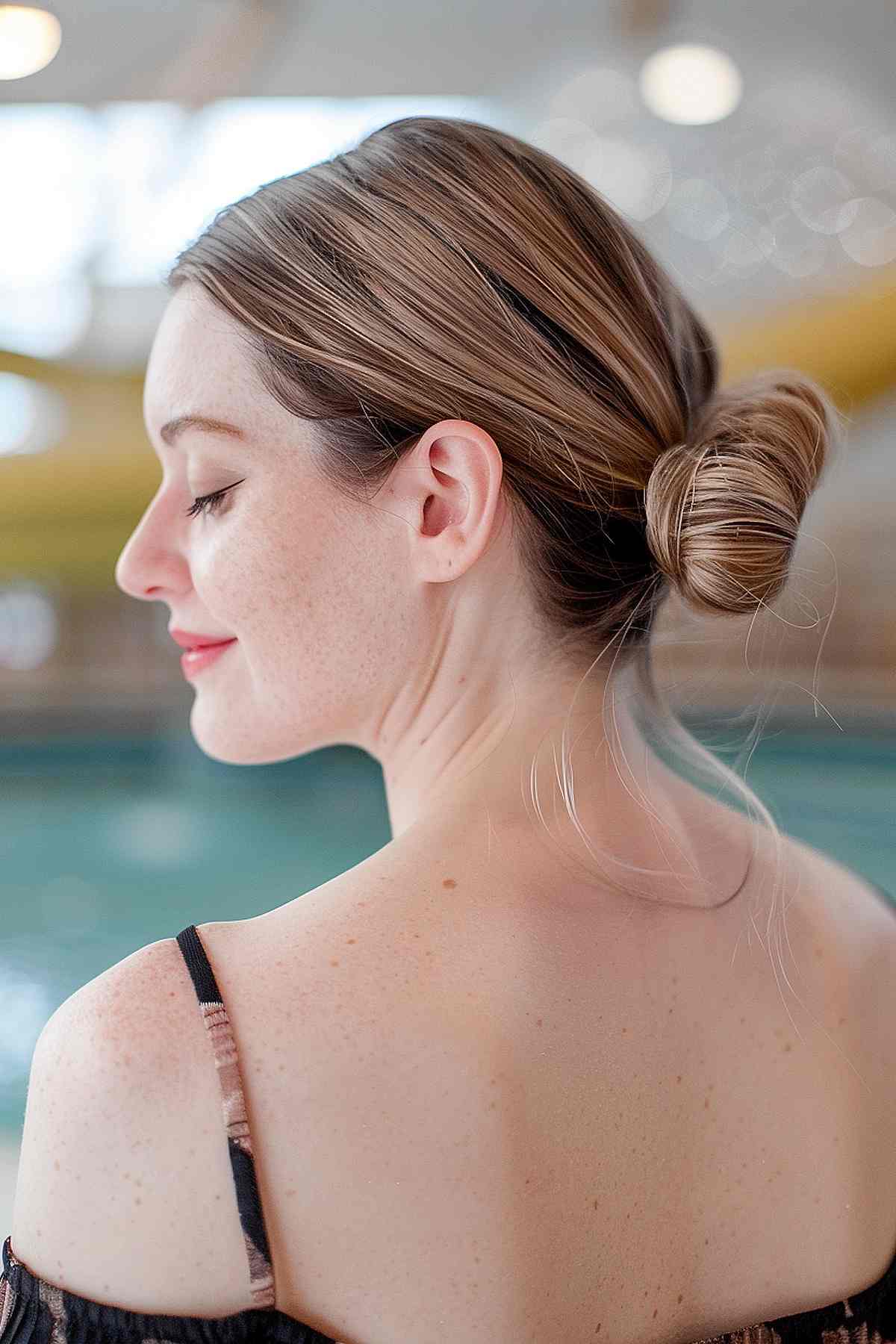 Side view of a woman with a low bun hairstyle, ideal for thin hair and perfect for an elegant look at the waterpark