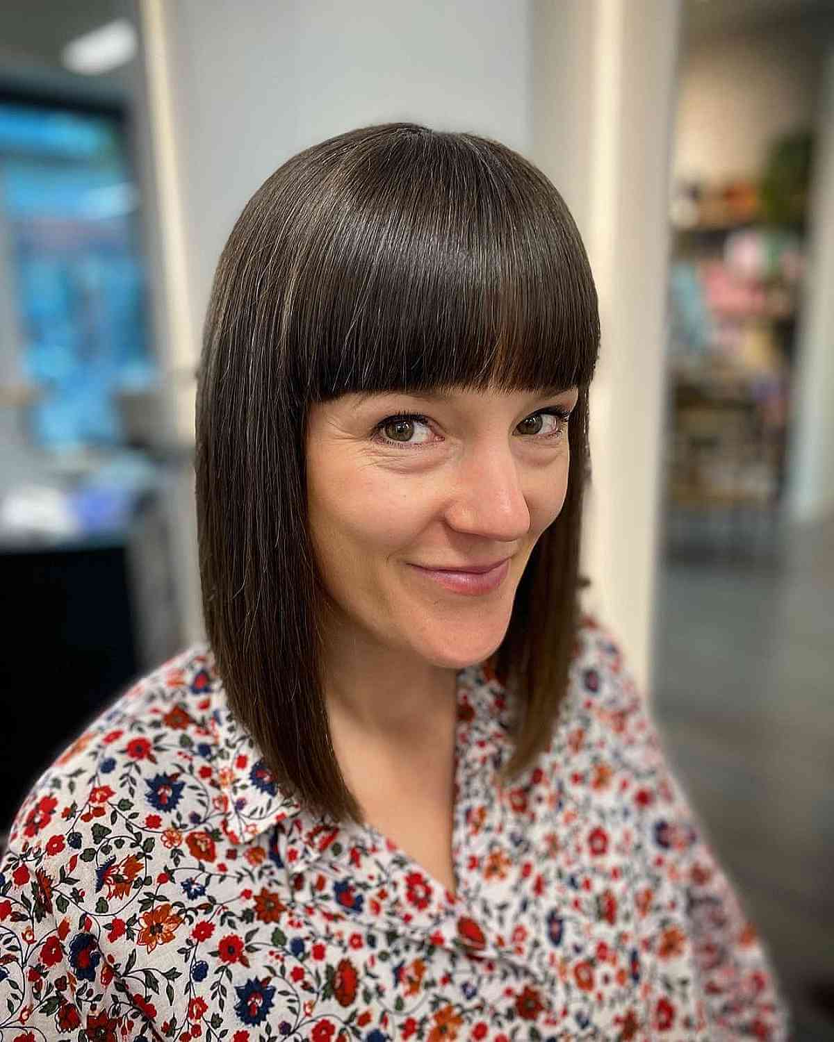 Thin Long Graduated Bob with Bangs for Oval Faces