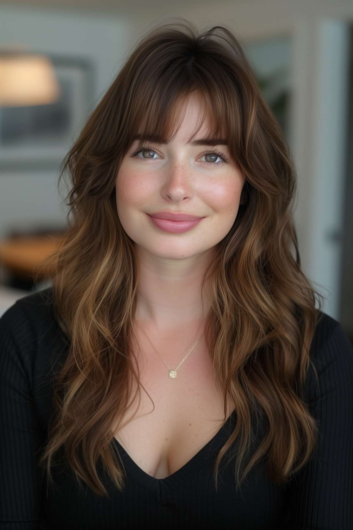 Woman with thin wispy bangs and soft wavy long hair