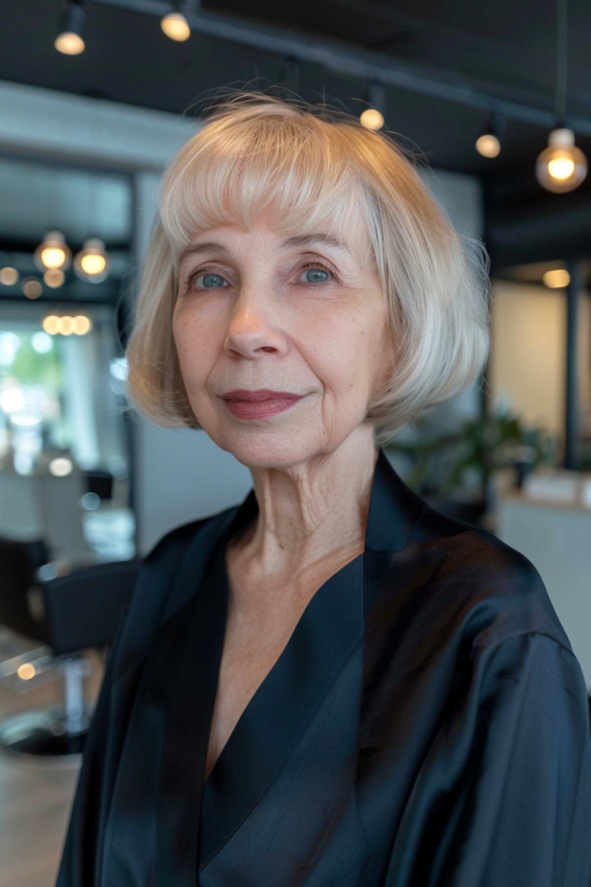 Older woman with a bob haircut and soft bangs