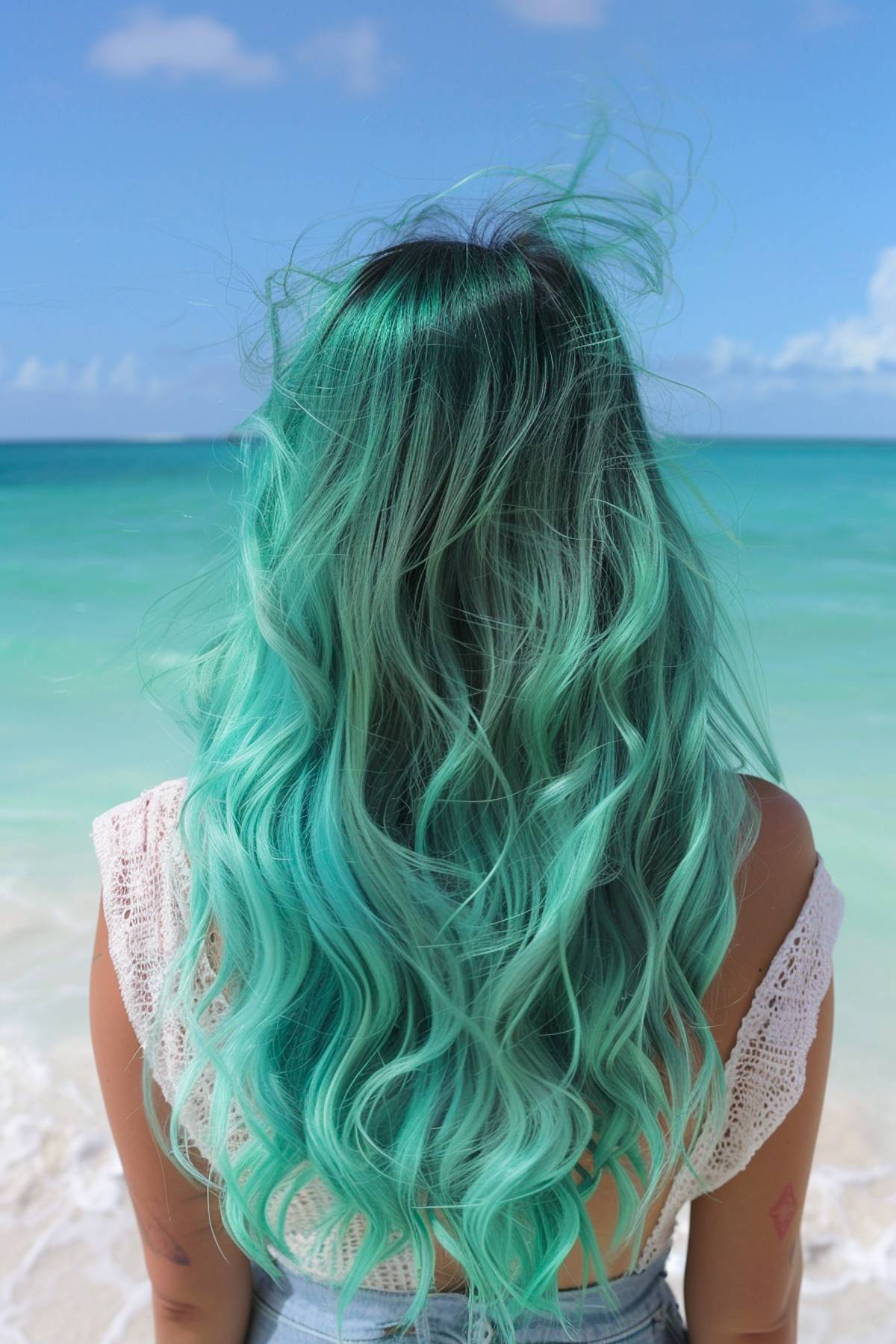 Aqua-toned waves with a seafoam gradient for long hair