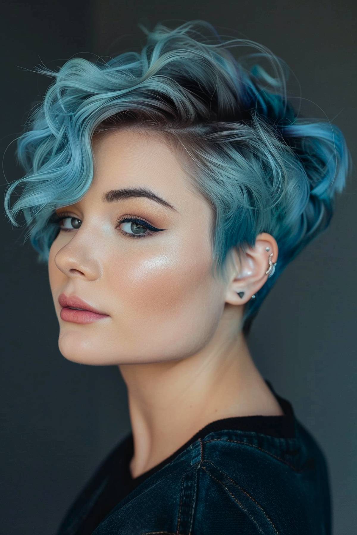 Teal wavy pixie haircut with undercut design