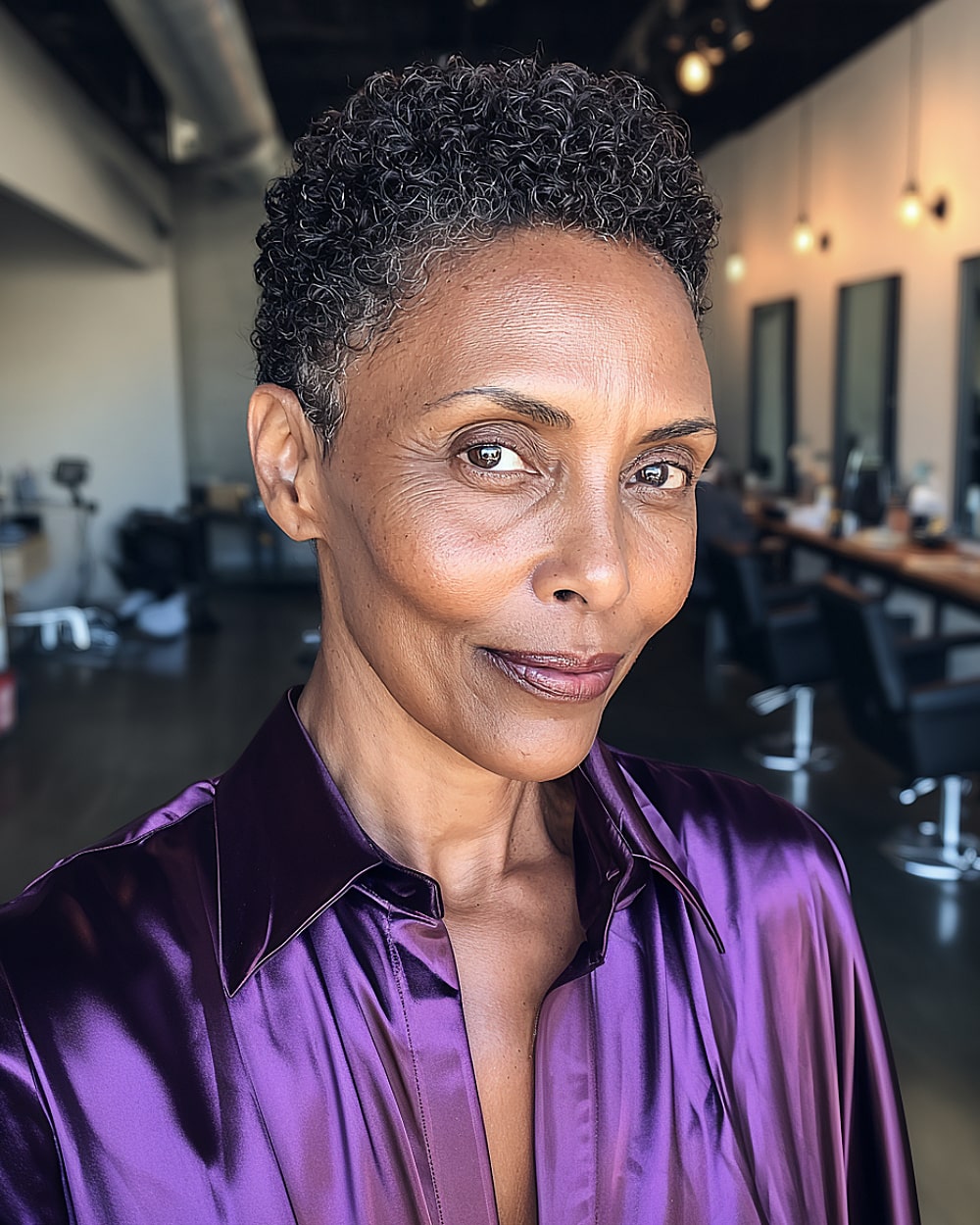 Tight coils with tapered sides and cropped natural haircut