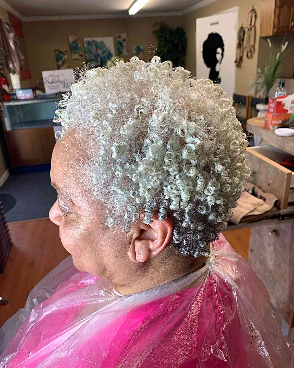 White Tight Curls for Extra Short Haircut on Older Black Women