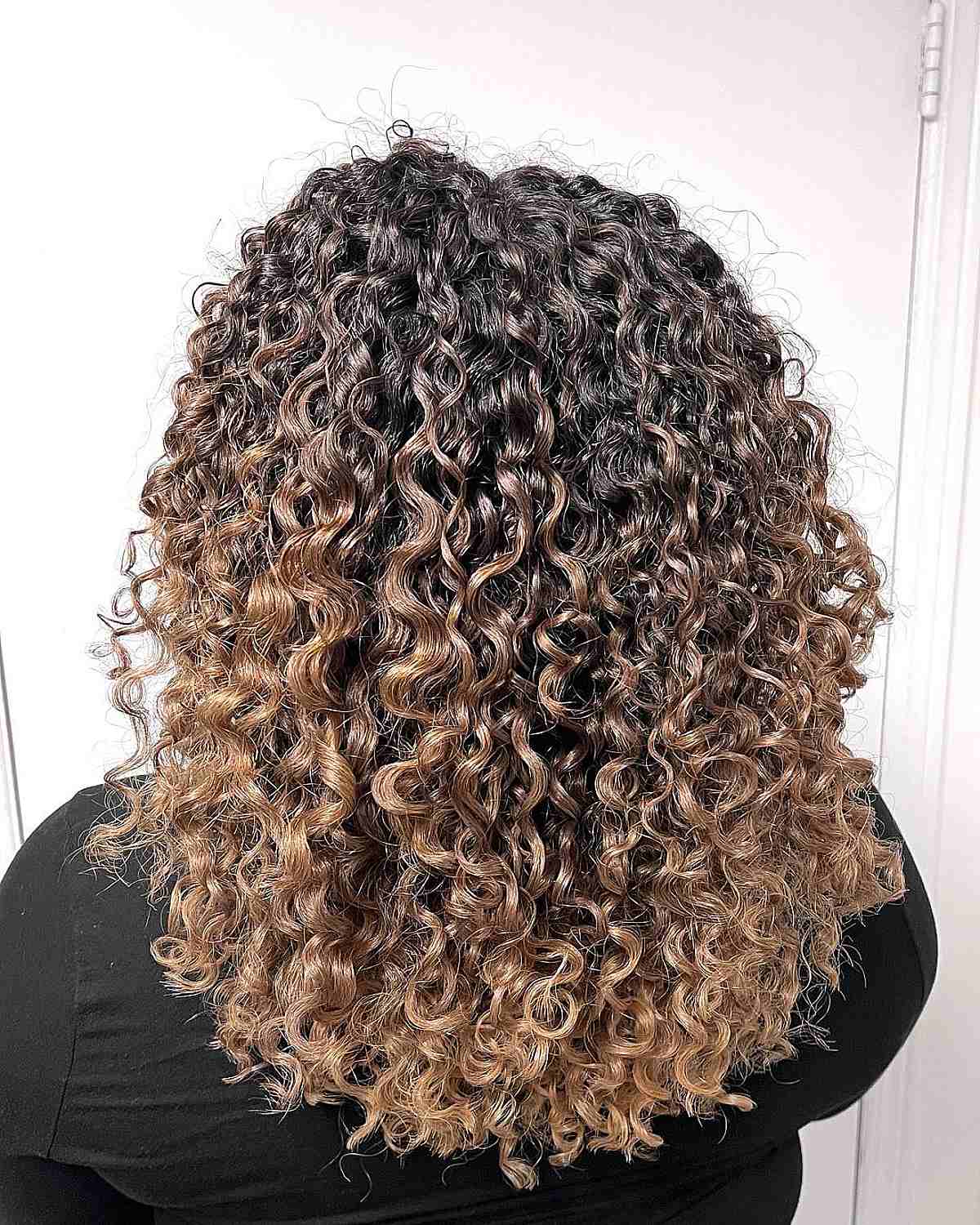 Tight Curls with Melted Warm Blonde Balayage Color