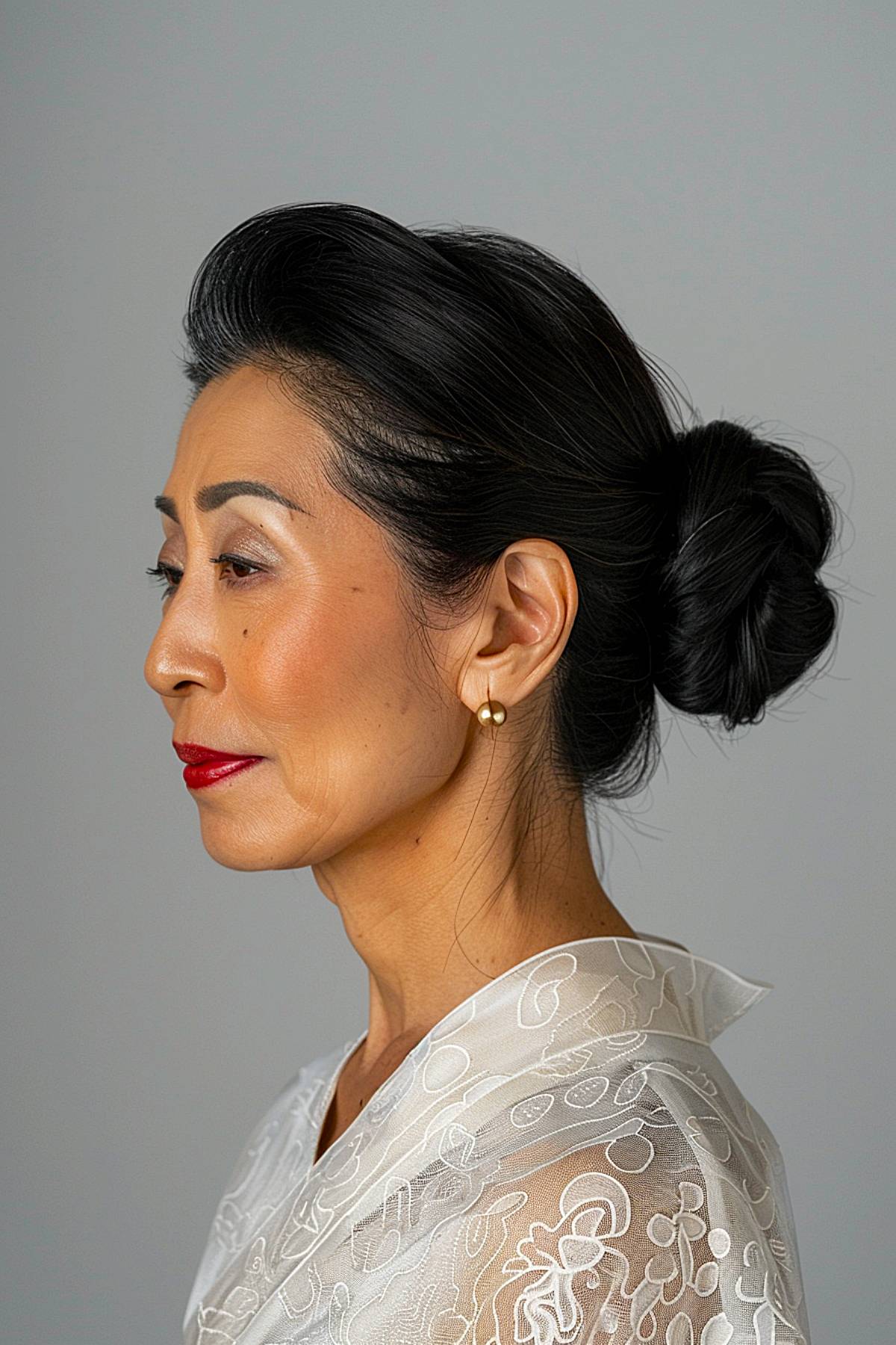 Low knot bun hairstyle for older Asian women with sleek styling