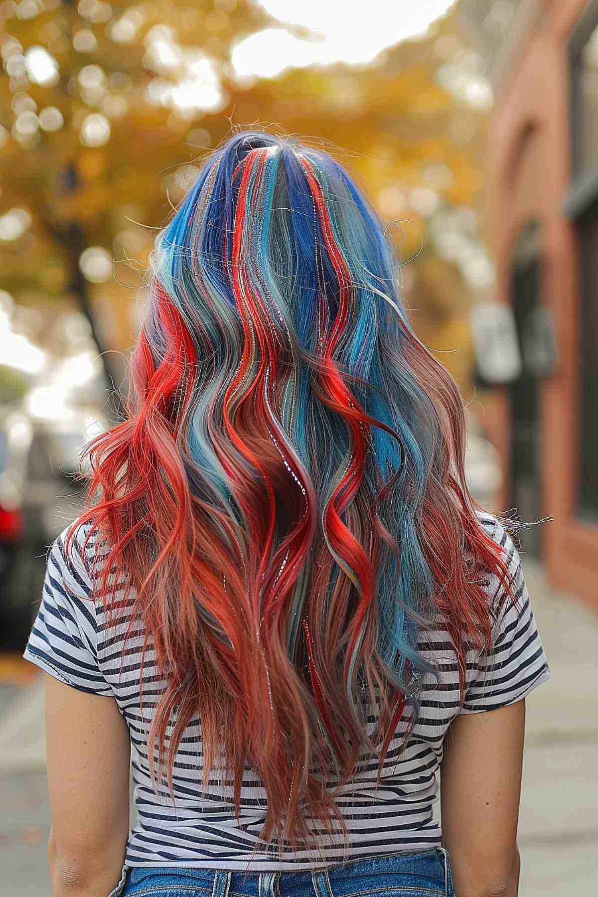 Long wavy hair with red, blue, and silver tinsel highlights for 4th of July