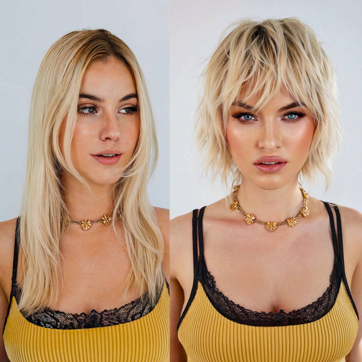 Before and after of a long blonde hairstyle transformed into a chin-length tousled shag with bangs