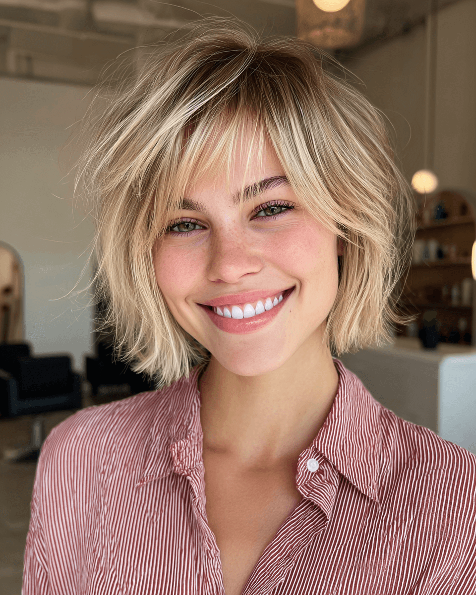 Tousled bob with fluffy bangs on fine, chin-length hair, a soft and airy take on trendy fluffy hair styles