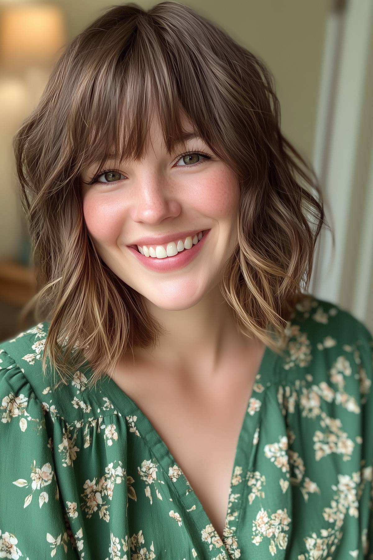 Woman with tousled bob haircut and soft bangs