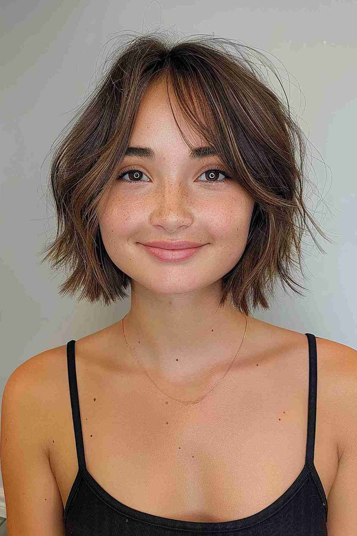 Tousled chin-length bob with wispy bangs for youthful, oval-faced individuals with fine hair.