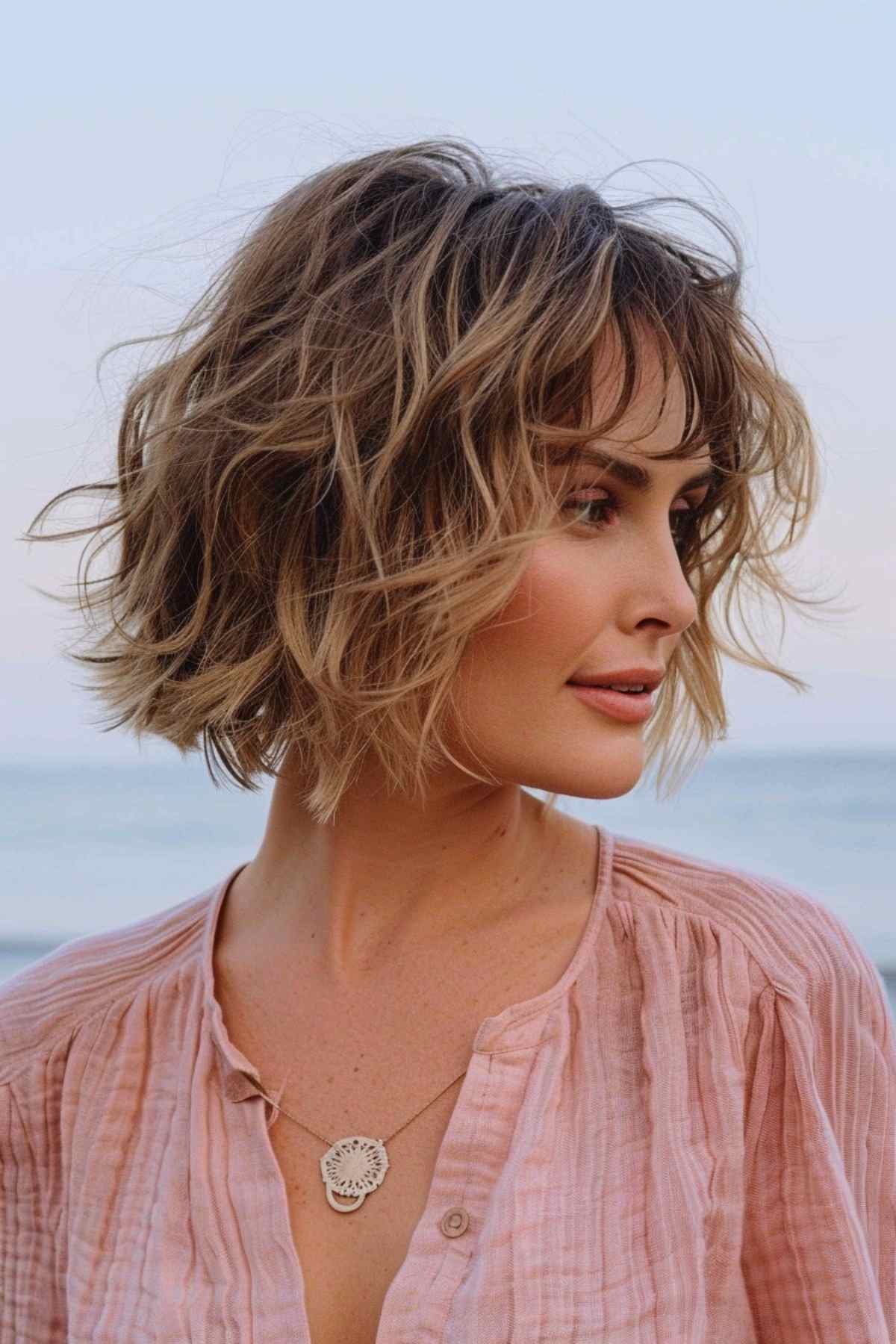 A woman with messy bob hair and tousled beachy waves.