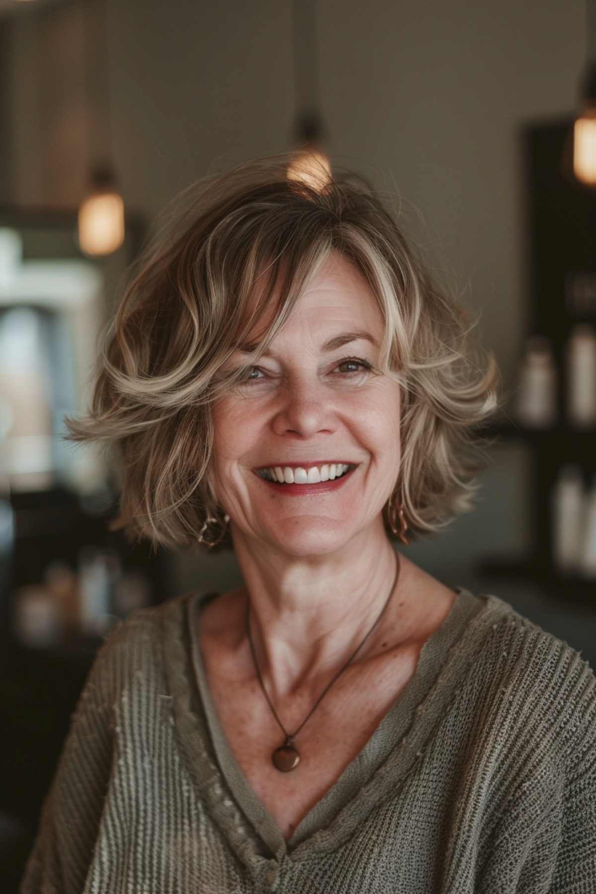 An older woman with an inverted teacup bob hairstyle featuring messy layers.