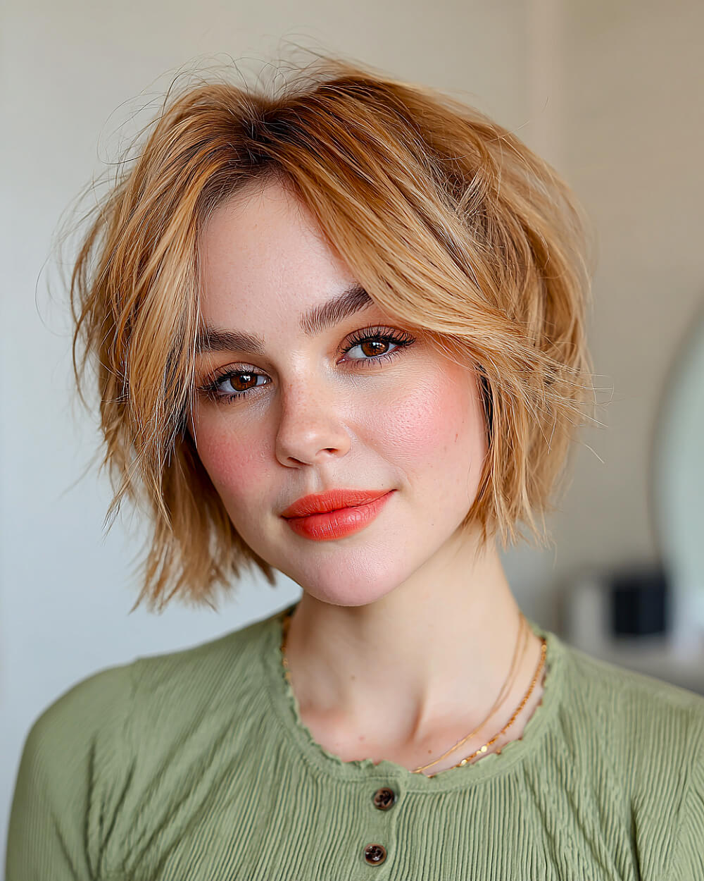 Tousled jaw-length bob with face-framing layers and curtain bangs on warm blonde fine hair