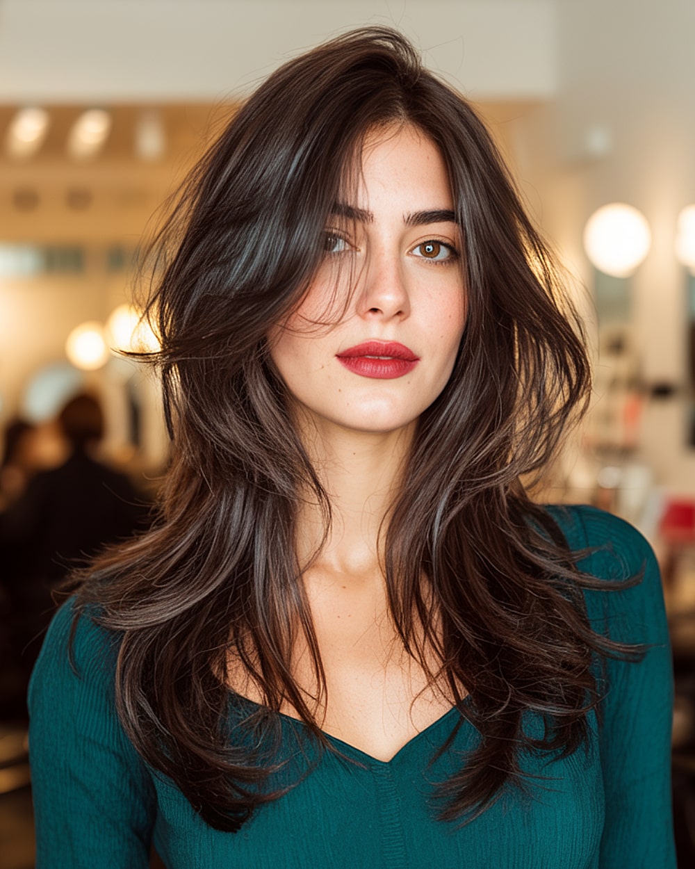 Natural brunette hairstyle with tousled long layers and wispy textured ends