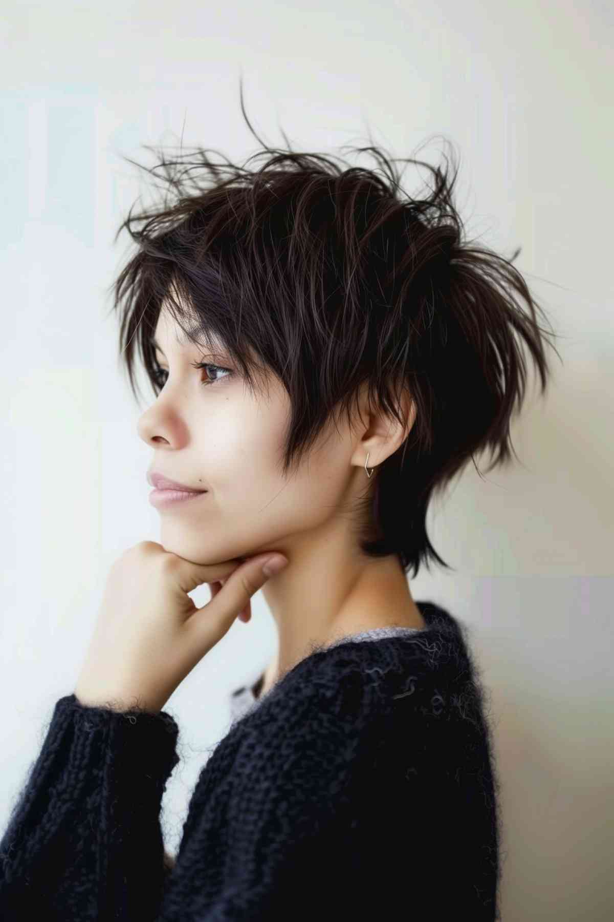 Short tousled layered hairstyle for a heart-shaped face with a thoughtful expression