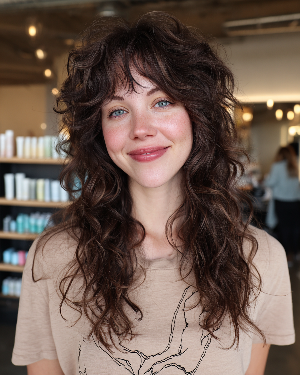 Tousled long curly shag with fringe on brunette hair, perfect for enhancing natural texture and adding shape to thick curls.