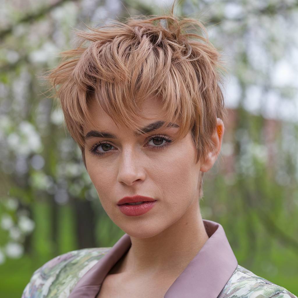 Choppy tousled pixie cut with textured bangs, fresh spring hairstyle