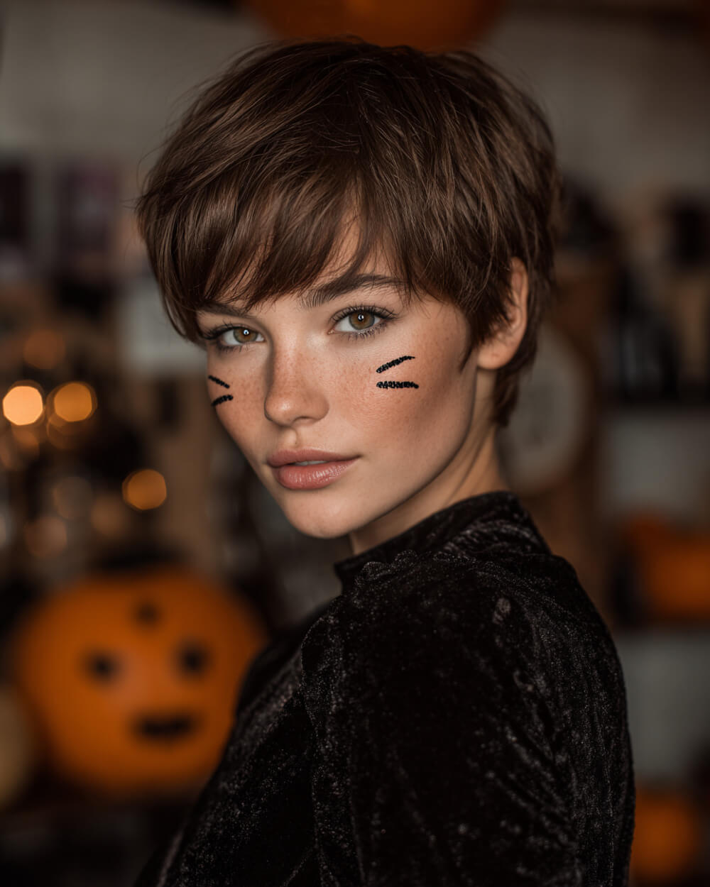Tousled pixie haircut with soft layers, paired with whisker Halloween makeup