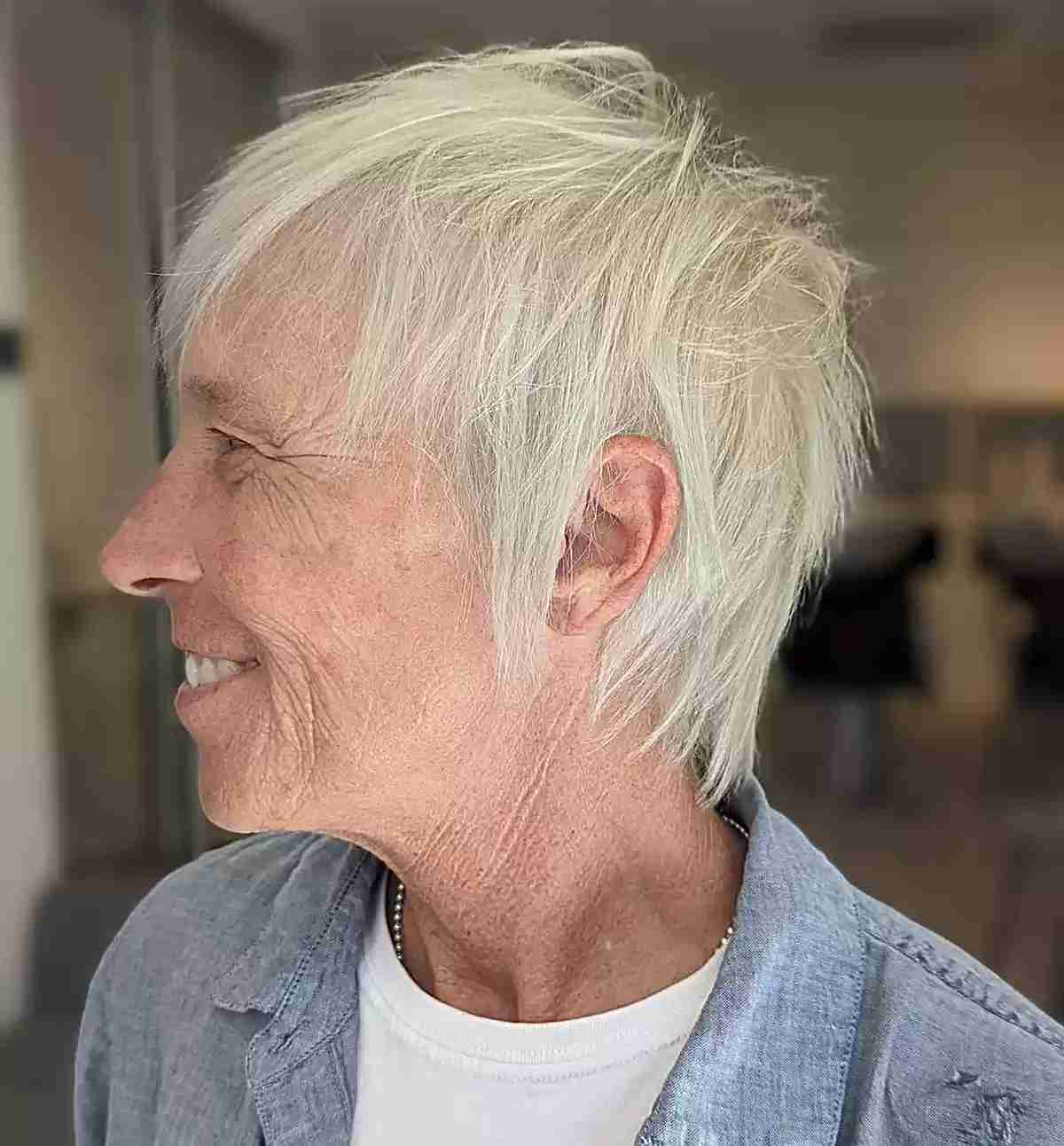 Tousled Pixie Shag on Older Women Aged 70 with White Hair