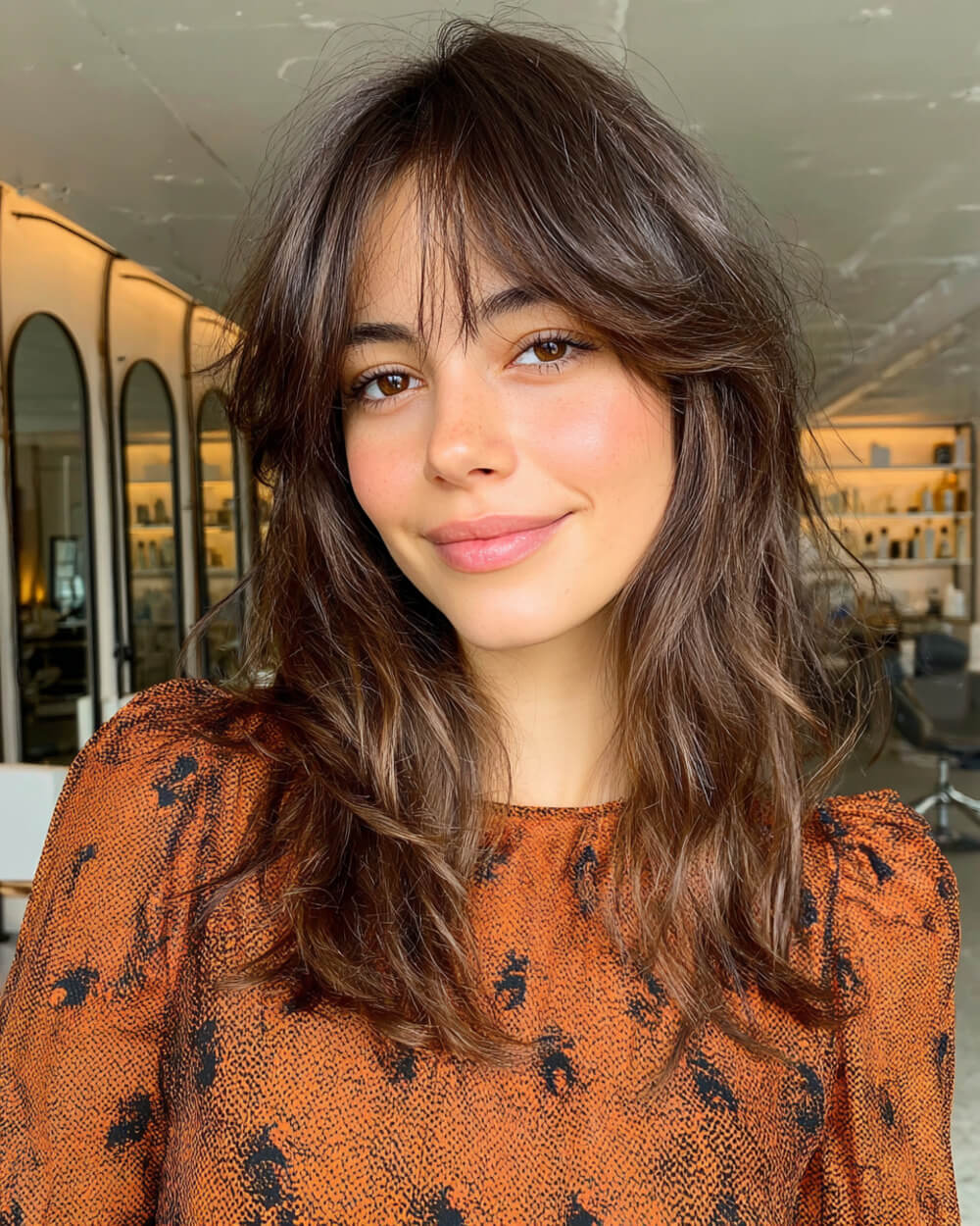 Medium shag haircut with tousled waves and curtain bangs, soft Halloween hairstyle