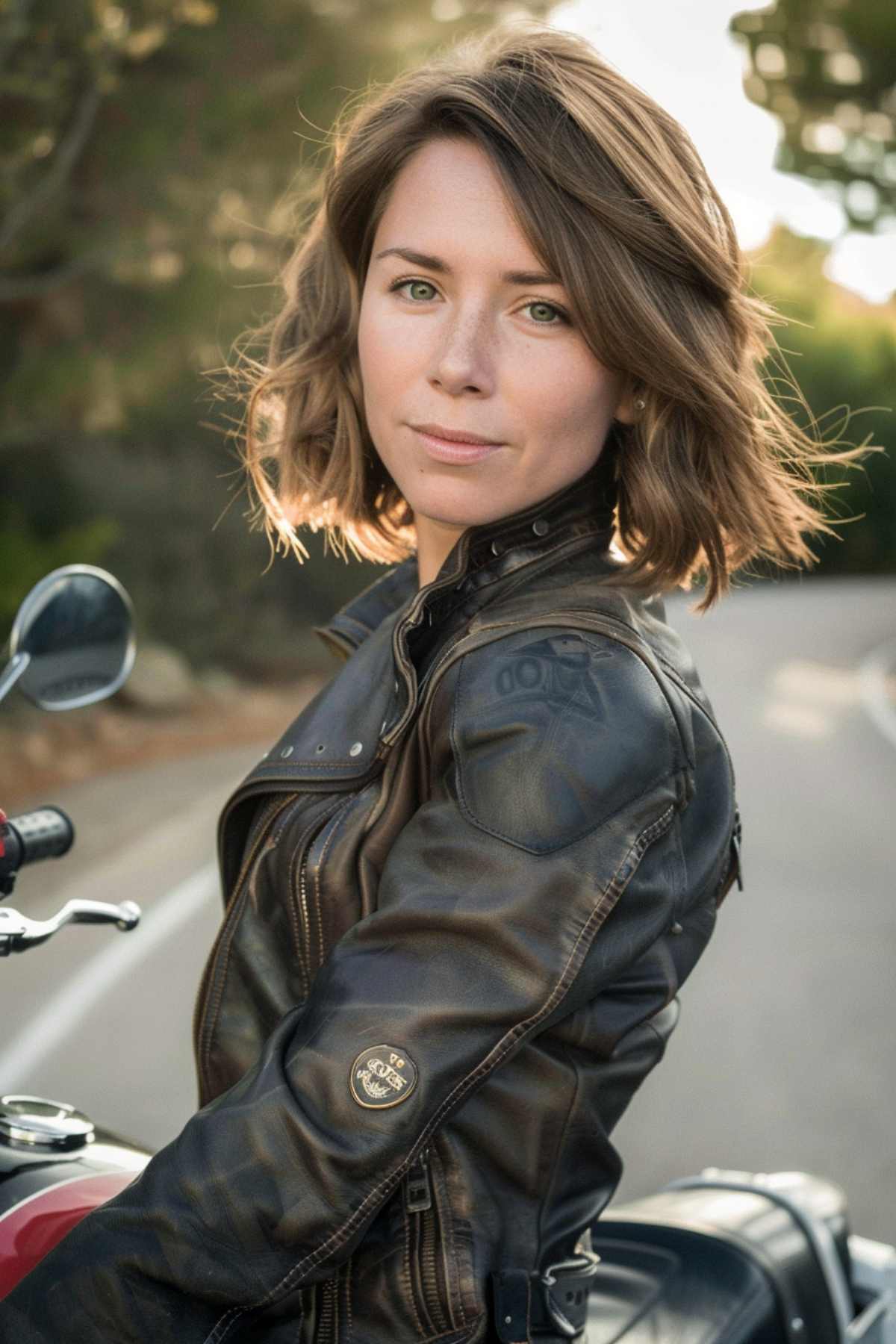 Woman with tousled short bob hairstyle in a biker jacket