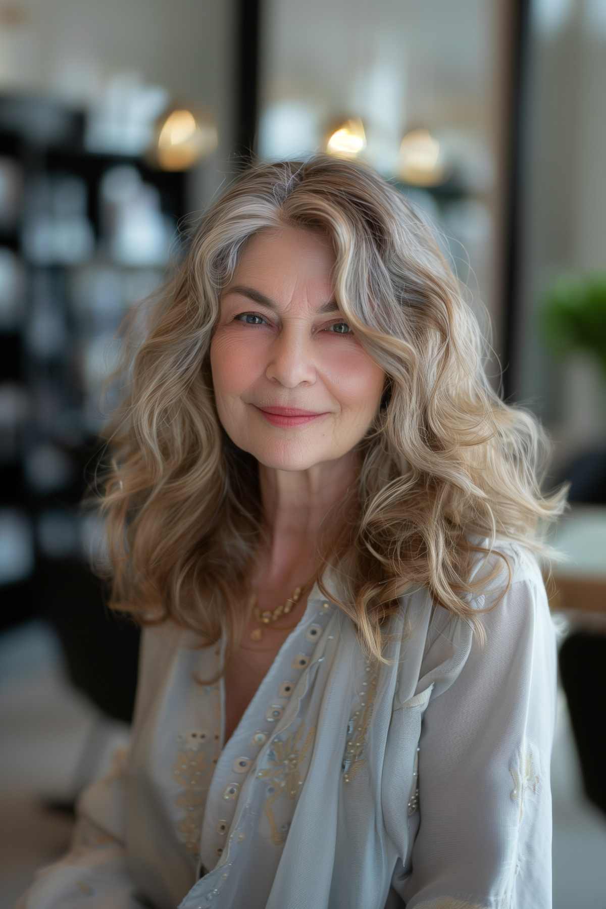 Woman with tousled waves and face-framing layers, ideal for adding texture and movement