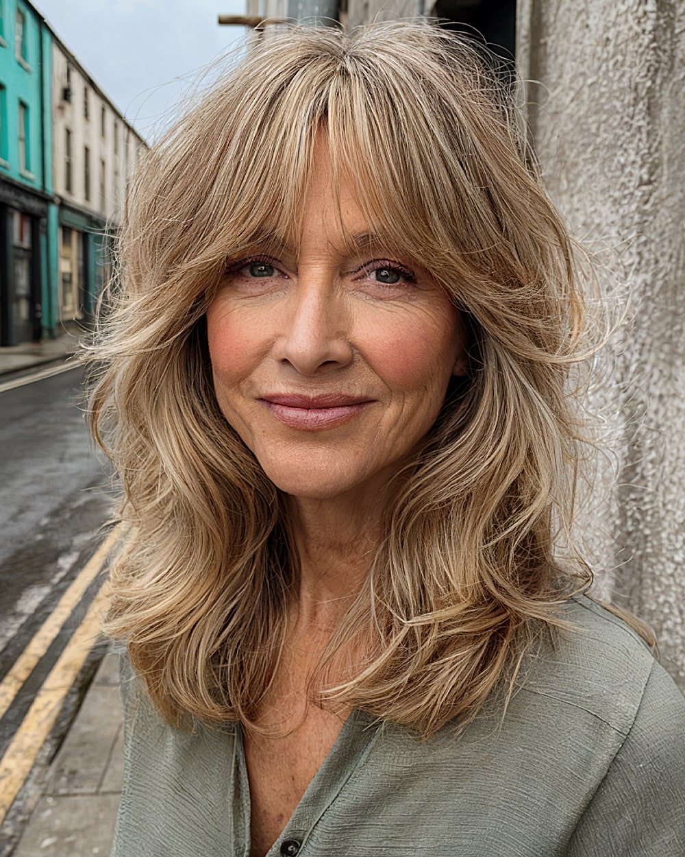 Layered wavy hair with soft curtain bangs for mature women looking for volume and texture