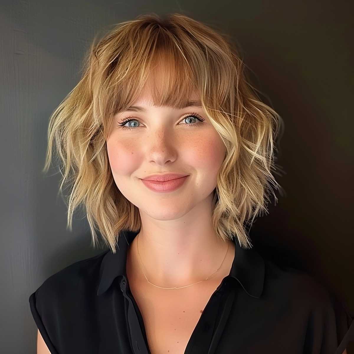 A noticeable tousled wavy bob hairstyle for thin hair