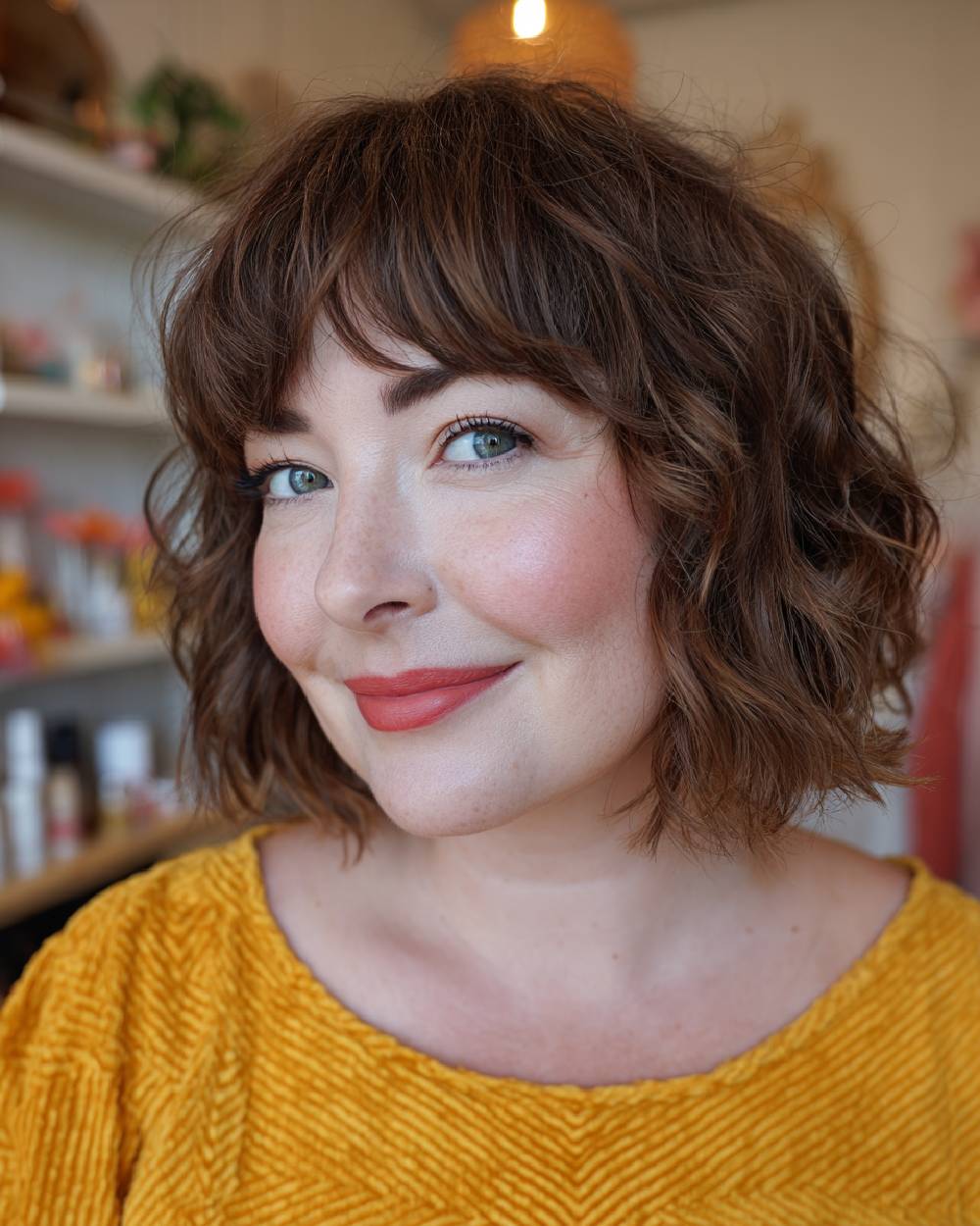 Tousled wavy bob with soft bangs for women, cute short hairstyle with natural texture