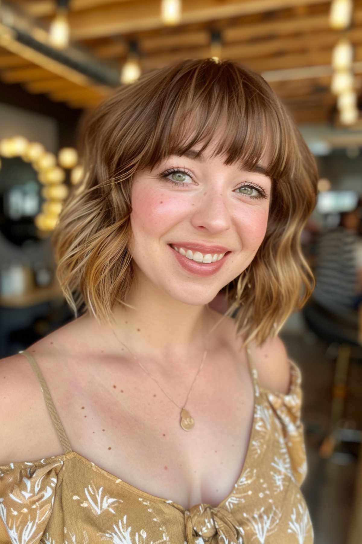 Tousled wavy bob with bangs for fine to medium hair