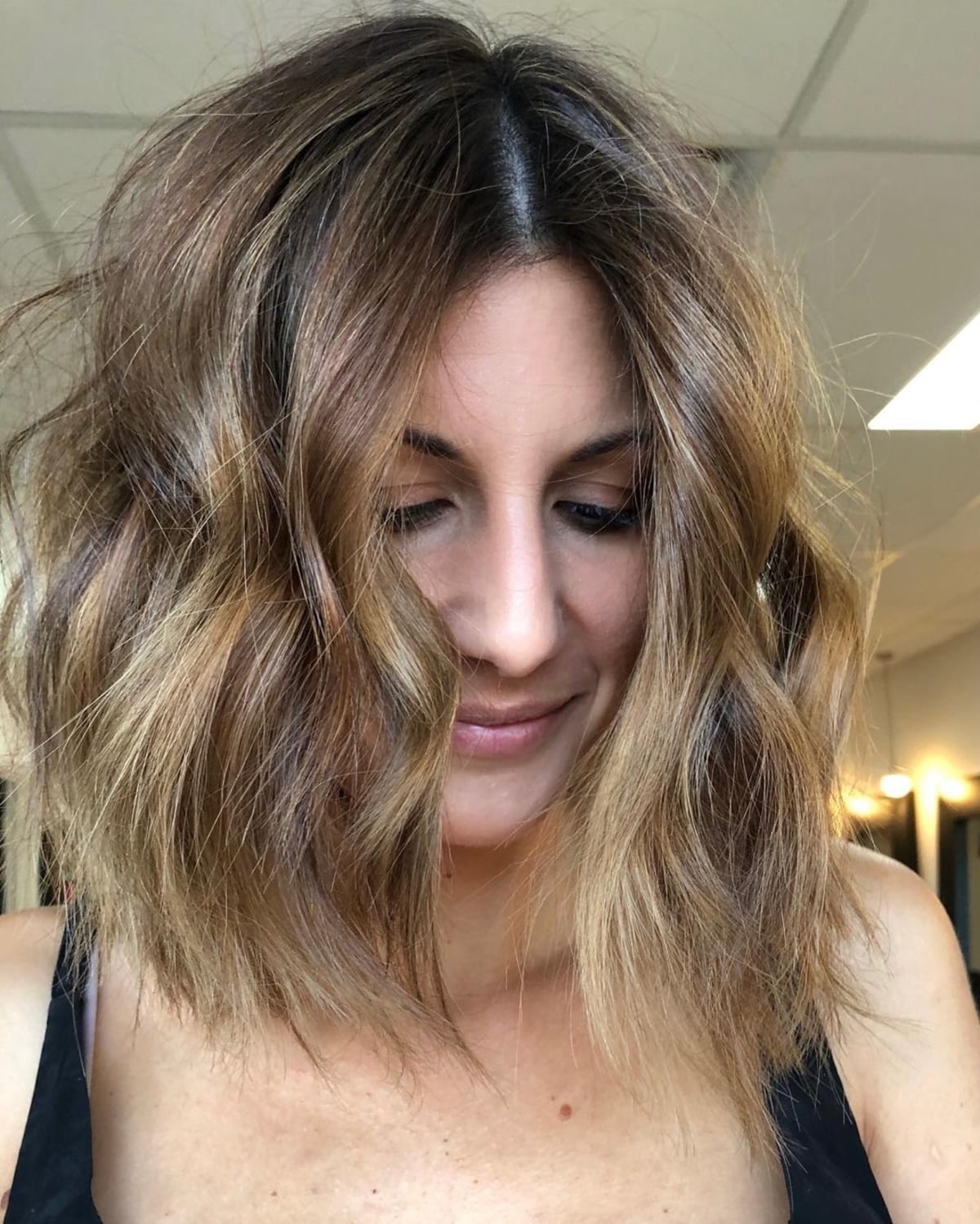 Tousled wavy lob cut with ombre