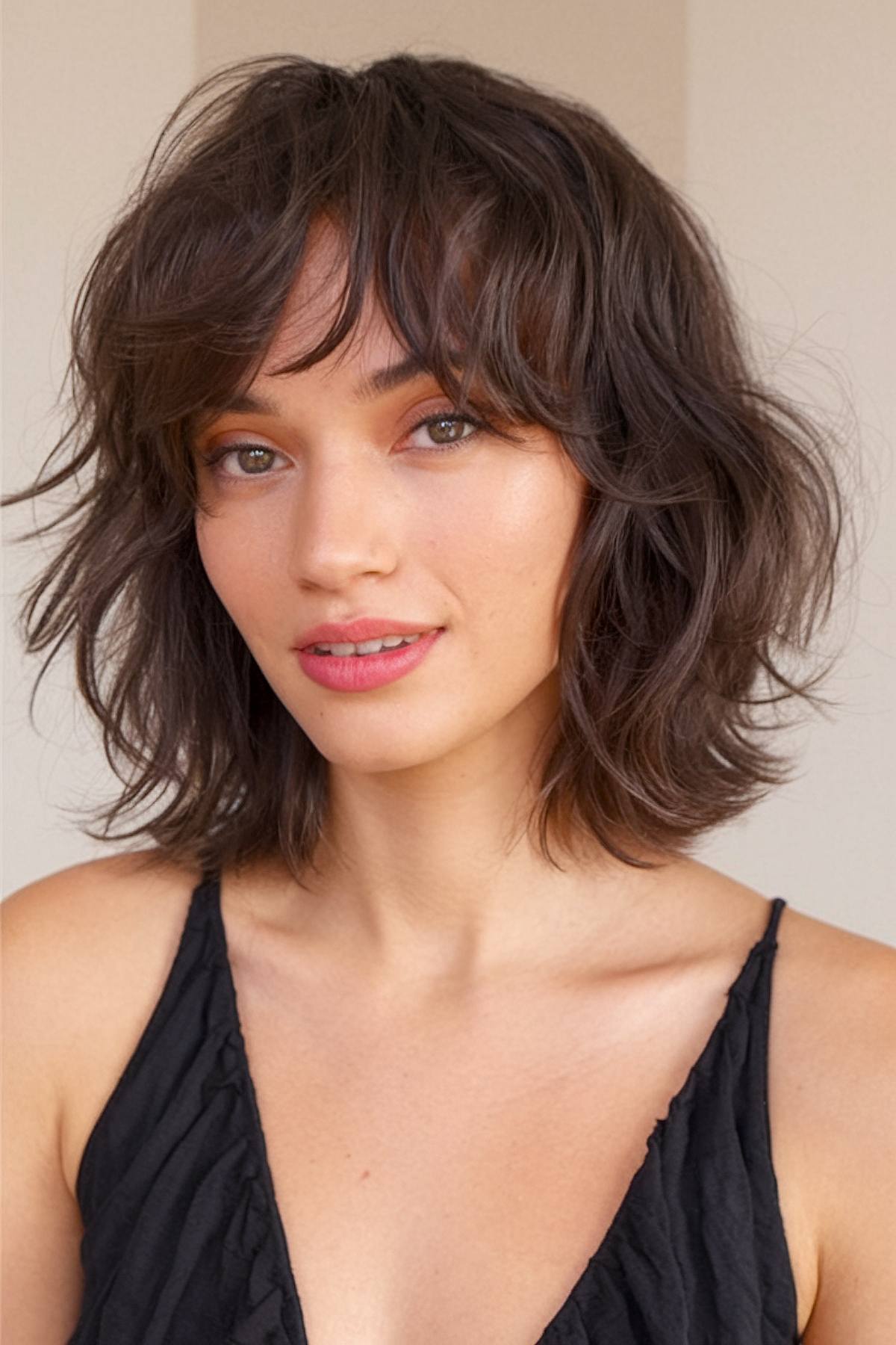 Trendy 70s short shag haircut with soft layers and bangs