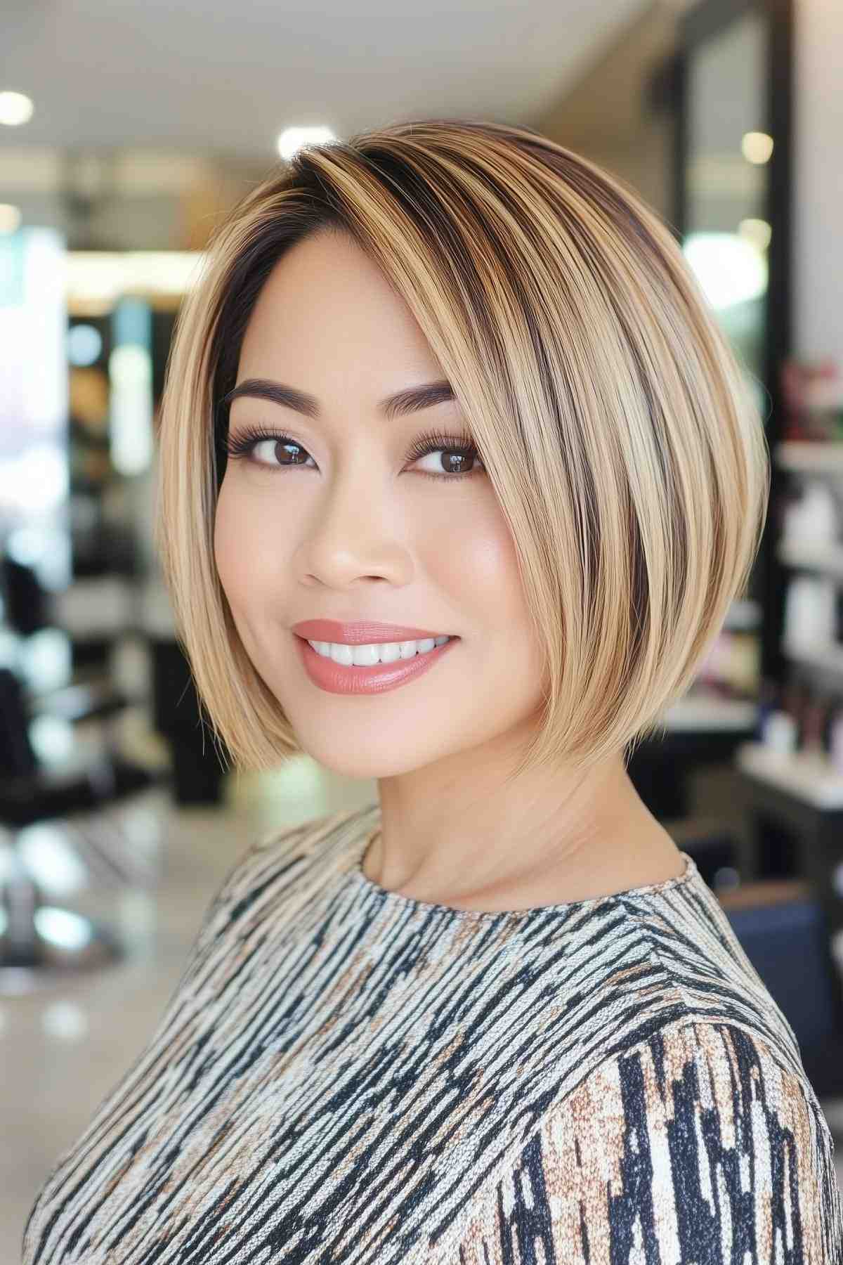 Bob haircut for fine hair with soft highlights and angled chin-length cut