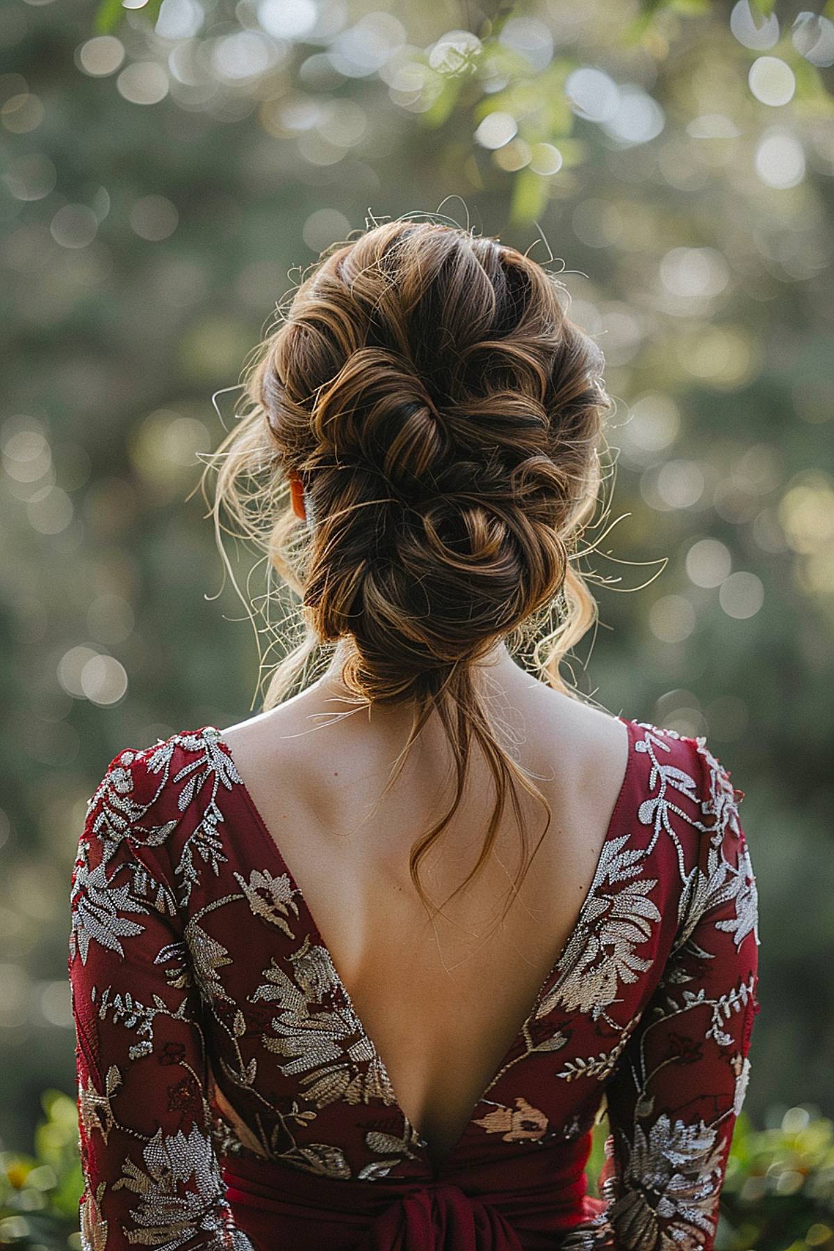 Boho low bun bridesmaid updo with soft waves