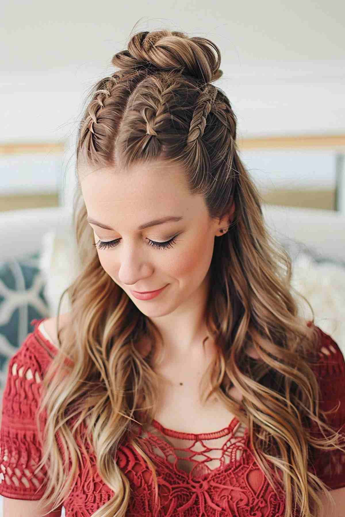 Trendy braided half-up bun for a party with loose waves