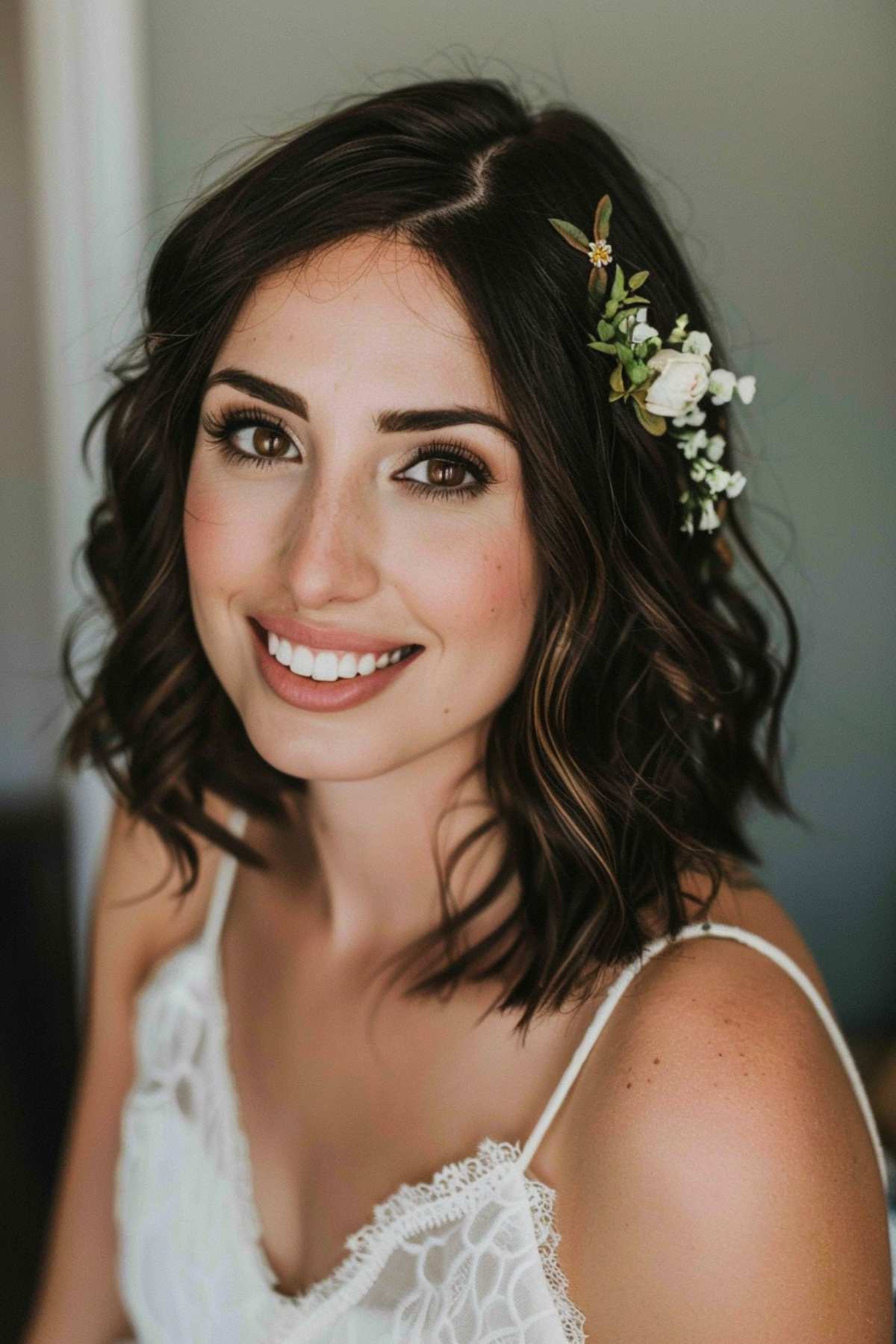 Bride with a trendy medium bob styled in soft waves, accented with a delicate floral hairpiece for a romantic look.