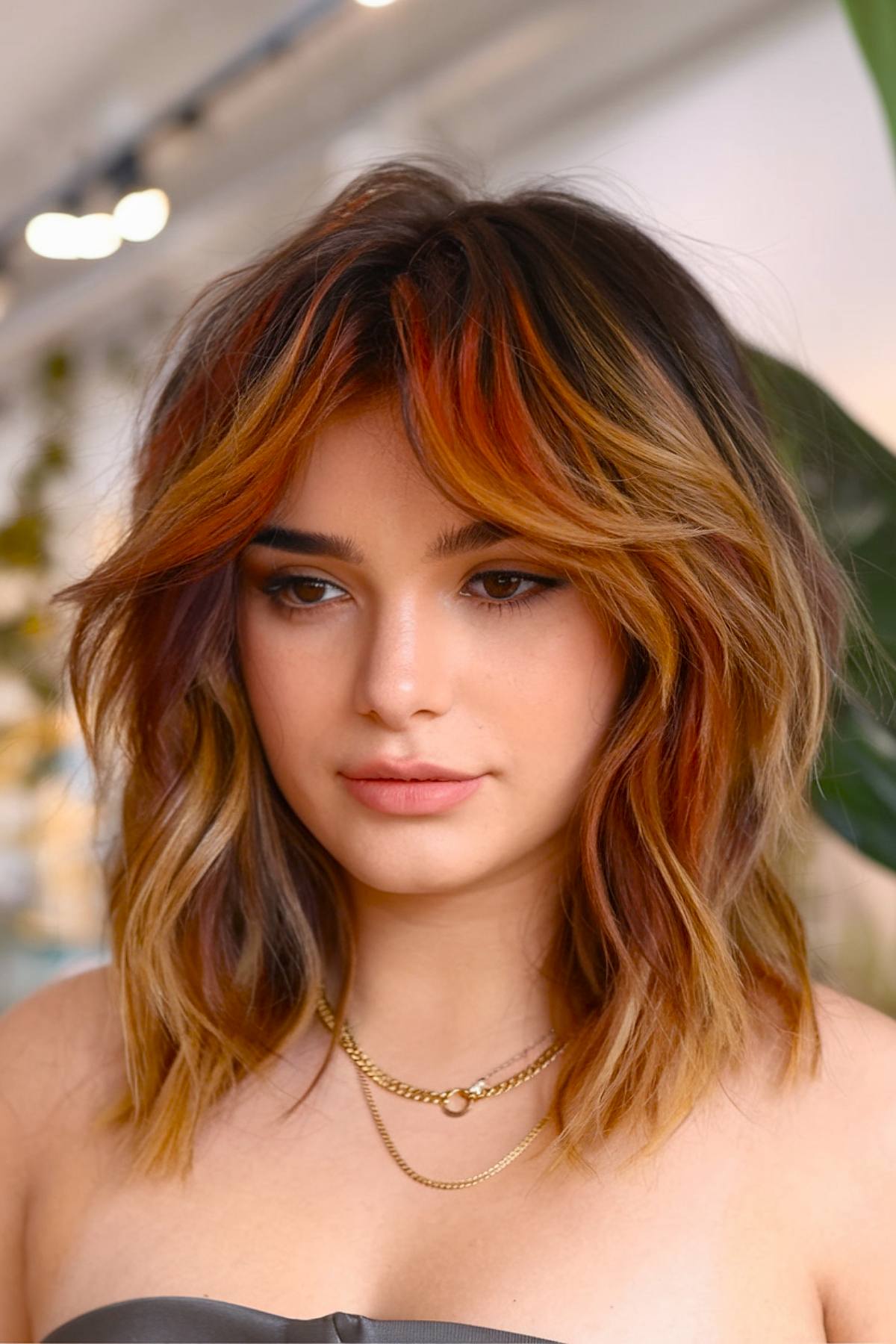 Edgy medium length layered hair with orange highlights