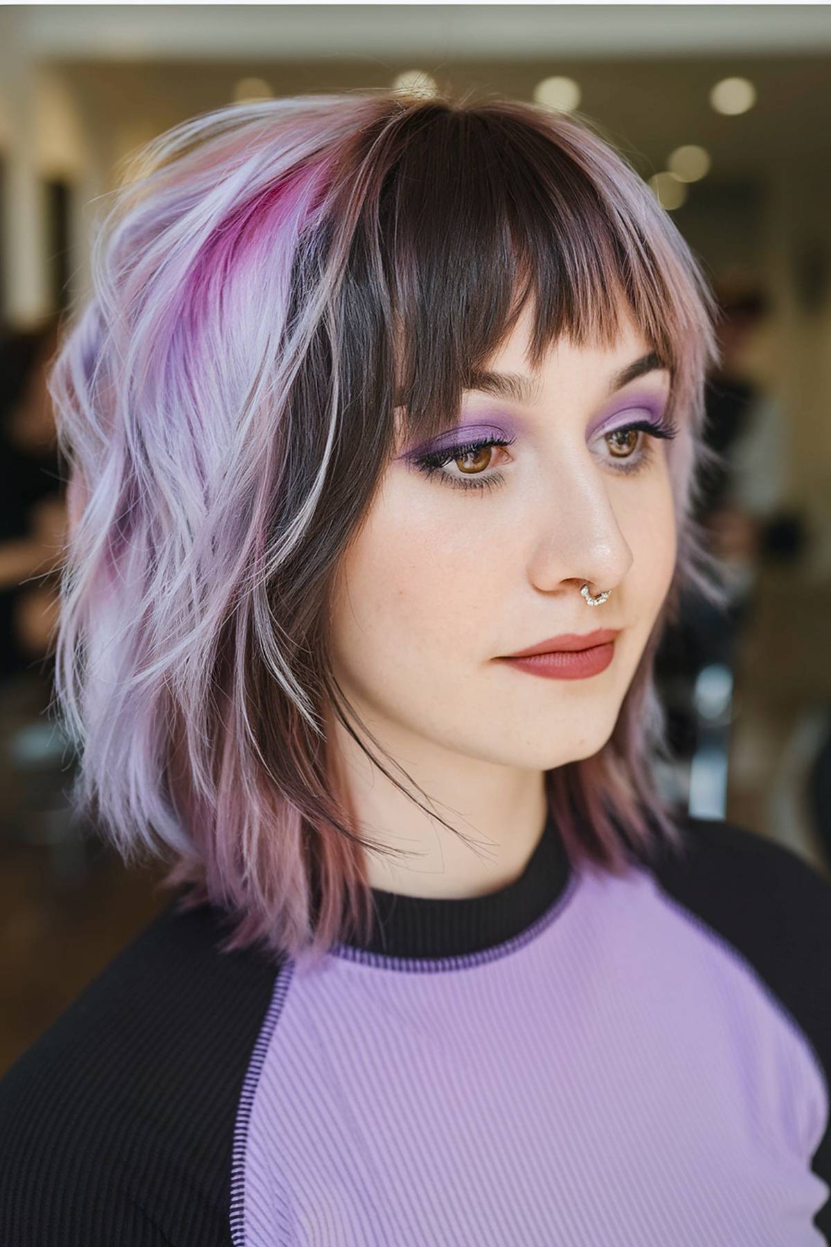 Layered emo haircut with choppy bangs, featuring a black base and lavender-pink highlights