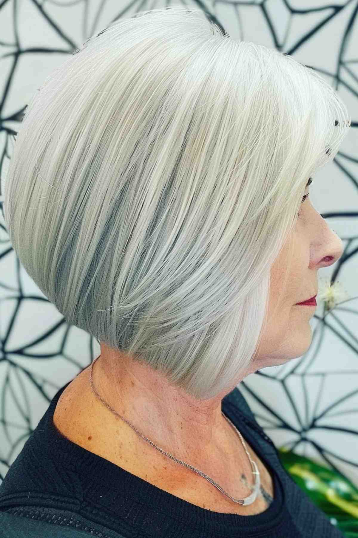 Chic graduated bob haircut for older women with silver-white hair